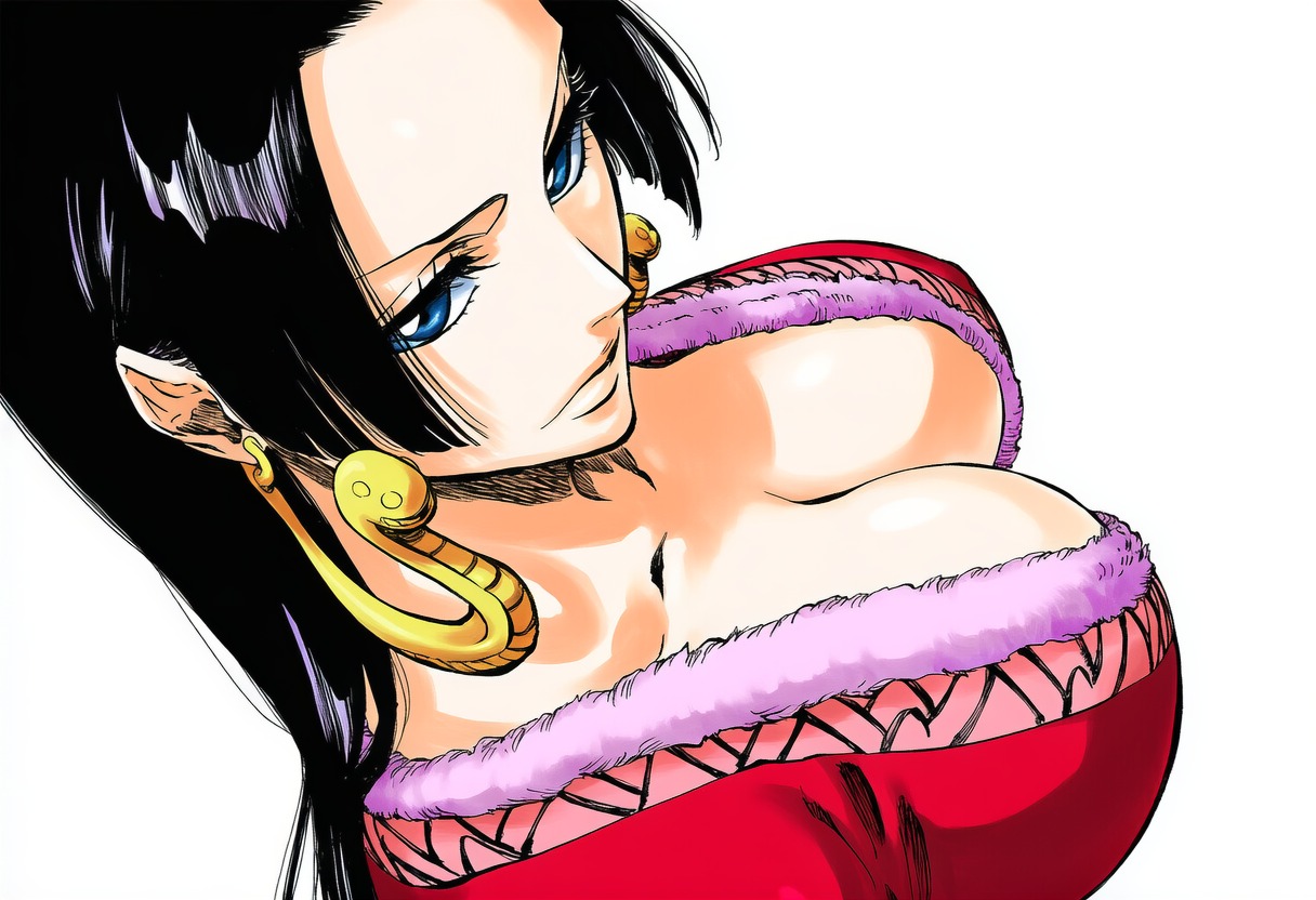 1girls, accurate body type, ai generated, big breasts, black hair, black-haired female, blue eyes, boa hancock, breast focus, breasts, busty, cel shading, clavicle, cleavage, closed mouth, clothed, clothing, collarbone, dress, earrings, erect nipples under clothes, fanart, female, female focus, female only, from above, fur trim, gold earrings, hatching (texture), highres, hime cut, jewelry, large breasts, light skin, light-skinned female, line art, long hair, looking at viewer, nipple bulge, nipple outline, no bra, one piece, sidelocks, simple background, snake earrings, solo, solo female, solo focus, thin eyebrows, tite kubo style, upper body, viewed from above, white background