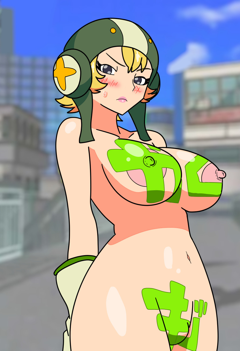 1girls, 2025, blonde hair, blush, bodypaint, breasts, enf, female, female focus, female only, gloves, gum (jsr), helmet, jet set radio, katherinetheklutz, large areolae, large breasts, naked, naked female, nipples, nude, nude female, outside, pinup, solo, solo female, solo focus, sweatdrop