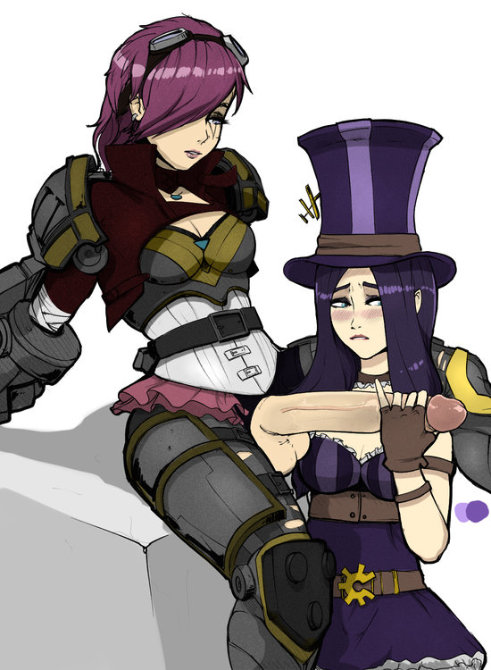 1futa, 1girls, armor, artist request, balls, blushing, breasts, caitlyn kiramman, canon couple, cleavage, crotchless, curvy, embarrassed, erection, female, futa on female, futanari, handjob, huge cock, huge penis, intersex, league of legends, no panties, penis, penis out, skirt, small breasts, source request, tagme, vi