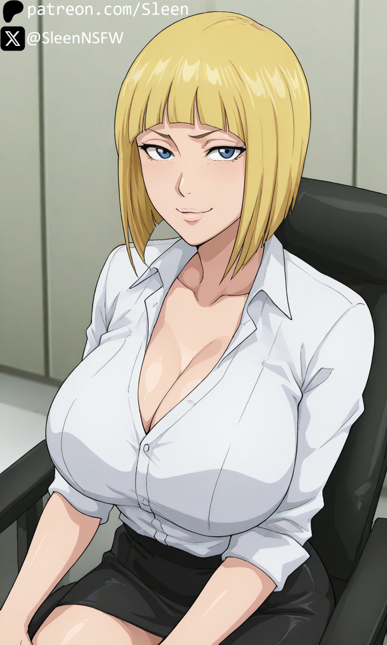 1girls, ai generated, big breasts, black skirt, breasts, breasts bigger than head, busty, cleavage, clothed, clothed female, clothing, eye contact, female, female only, huge breasts, looking at viewer, mature female, milf, naruto, naruto (series), naruto shippuden, office, office lady, revealing clothes, samui, sleen, smile, smiling, smiling at viewer, voluptuous, voluptuous female, white shirt