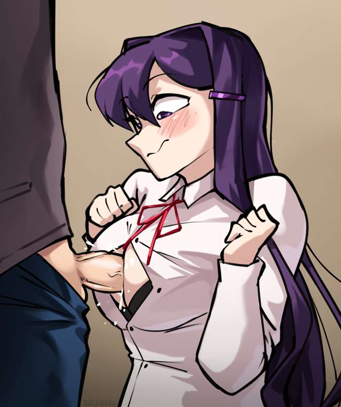 between breasts, boob window, boobjob, breasts, clothed, cum, doki doki literature club, embarrassed, female, paizuri, perpendicular paizuri, purple hair, titjob, triplestabber, yuri (doki doki literature club)