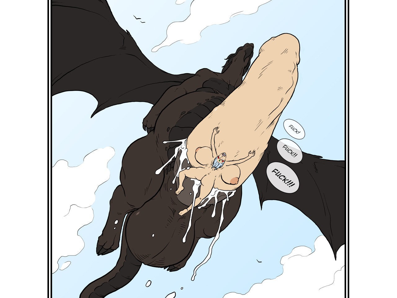 breasts, cum, dragon, female, flying, huge cock, laquadia (legend of queen opala), legend of queen opala, male, nipples, pectoral bulge, penis, sex, sparrow (artist), tagme, text, zoophilia
