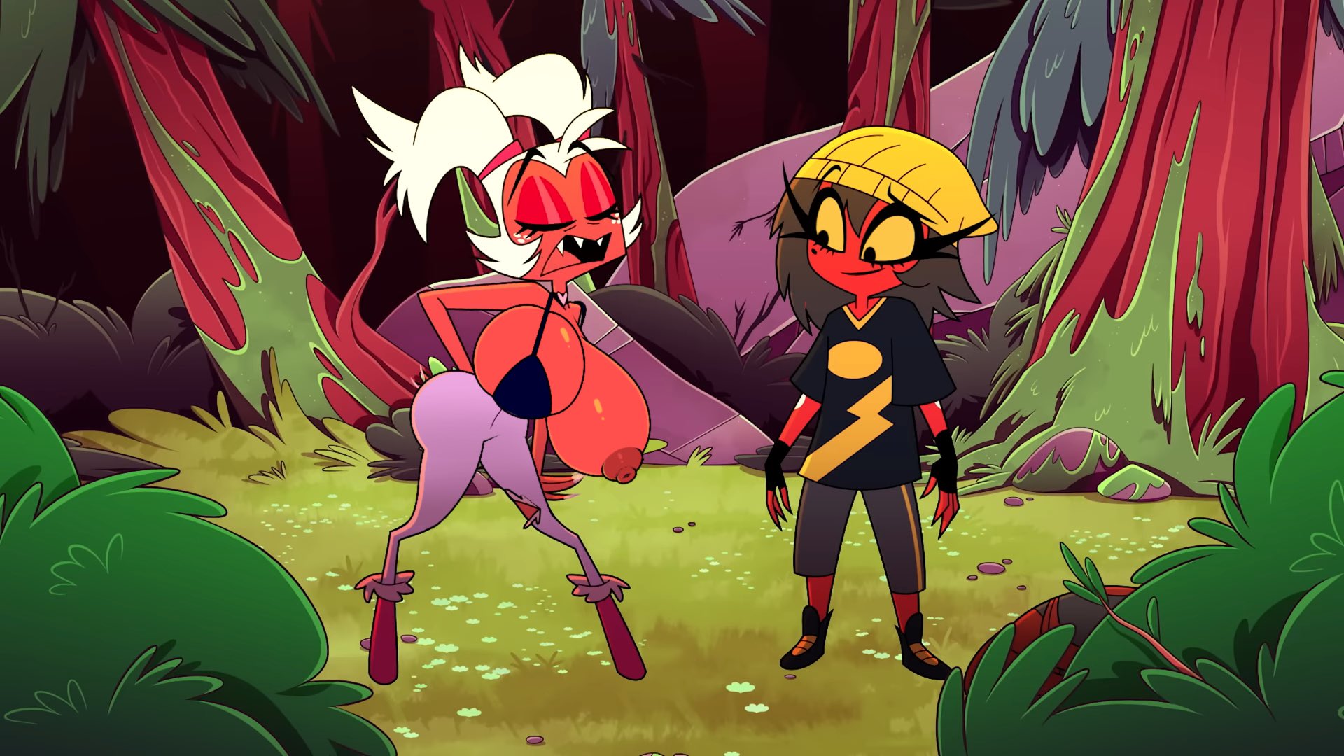 2girls, beanie, beanie hat, big breasts, black hair, bra, breast slip, breasts, breasts out, closed eyes, clothing, demon, edited screencap, female, female moxxie, female only, forest, forest background, genderswap (mtf), hellaverse, helluva boss, hyper, hyper breasts, imp, ineffective clothing, millerd (helluva boss), millie (helluva boss), moxxie (helluva boss), moxxine (helluva boss), nerota, pants, red body, rule 63, screencap, screenshot, screenshot edit, shirt, tagme, talking, white hair, yellow eyes