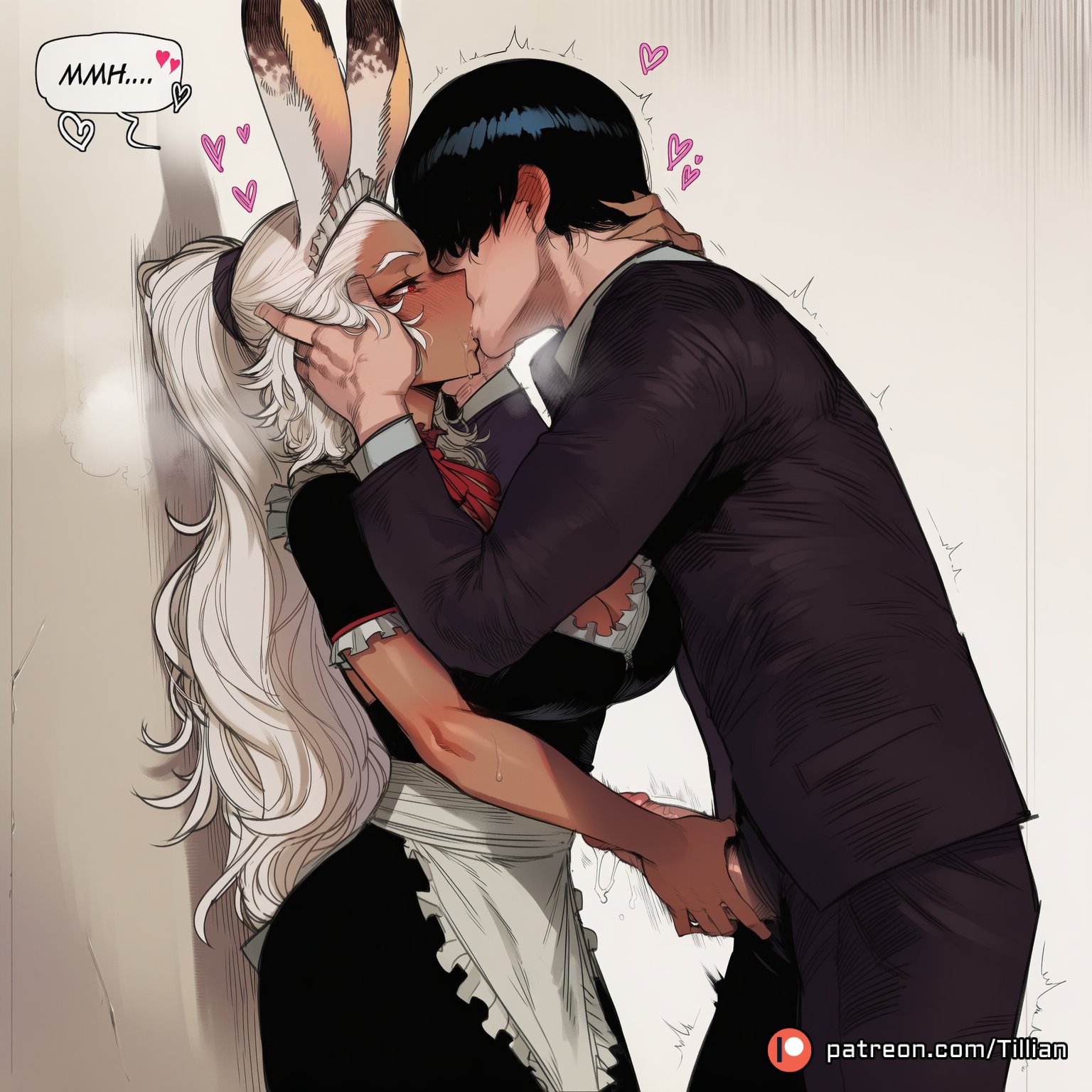 1boy, against wall, ai generated, animal ears, apron, assertive female, black dress, black hair, black suit, blush, breasts, cleavage, cum, dark skin, dark-skinned female, dress, ejaculation, english text, enmaided, erection, female, final fantasy, final fantasy xii, formal, fran (ffxii), french kiss, frilled apron, frills, from side, half-closed eyes, hand on another's neck, handjob, heart, heavy breathing, high ponytail, interracial, kissing, large breasts, long hair, long sleeves, maid, maid apron, maid headdress, male, mole, pants, patreon logo, patreon username, penis, penis out, ponytail, rabbit ears, rabbit girl, red eyes, short hair, short sleeves, speech bubble, spoken heart, straight, suit, sweat, tillian, trembling, two-handed handjob, uncensored, viera, waist apron, warrior of light (ff14 ), web address, white apron, white hair