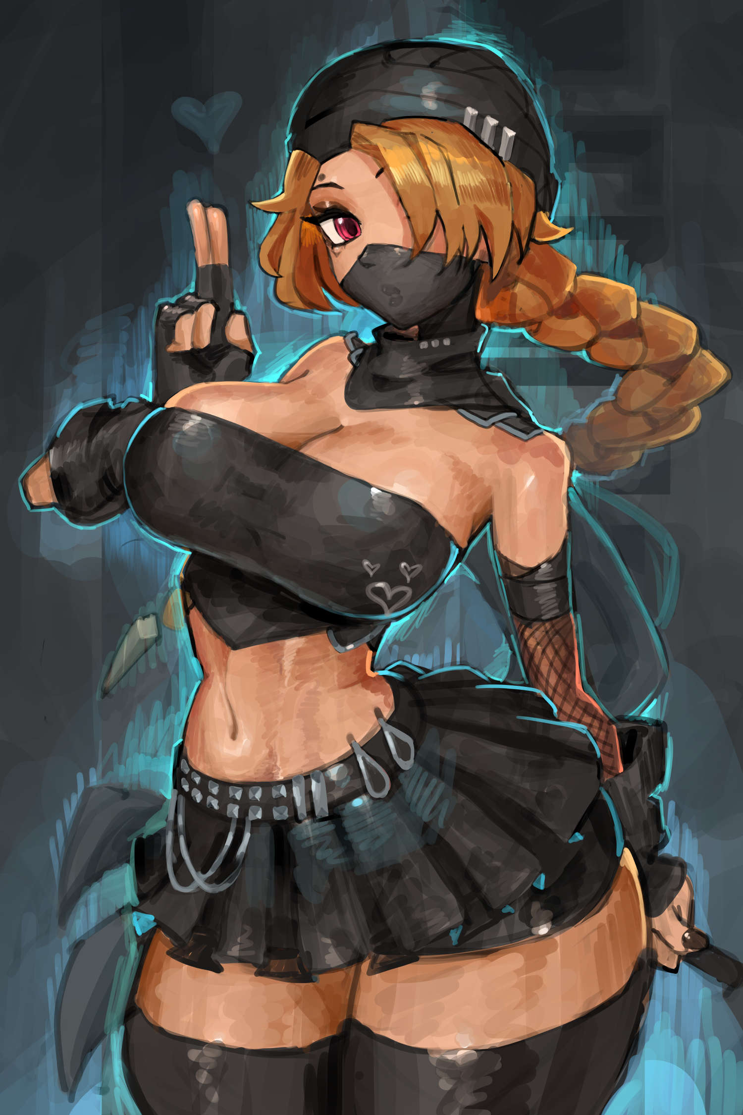 1girls, breasts, emo, eyeshadow, female, female focus, female only, goth, goth girl, large breasts, light skin, light-skinned female, looking at viewer, midriff, nail polish, nintendo, saiykik, sheik, shorts, skirt, solo, the legend of zelda, thick thighs, thighhighs, thighs, wide hips
