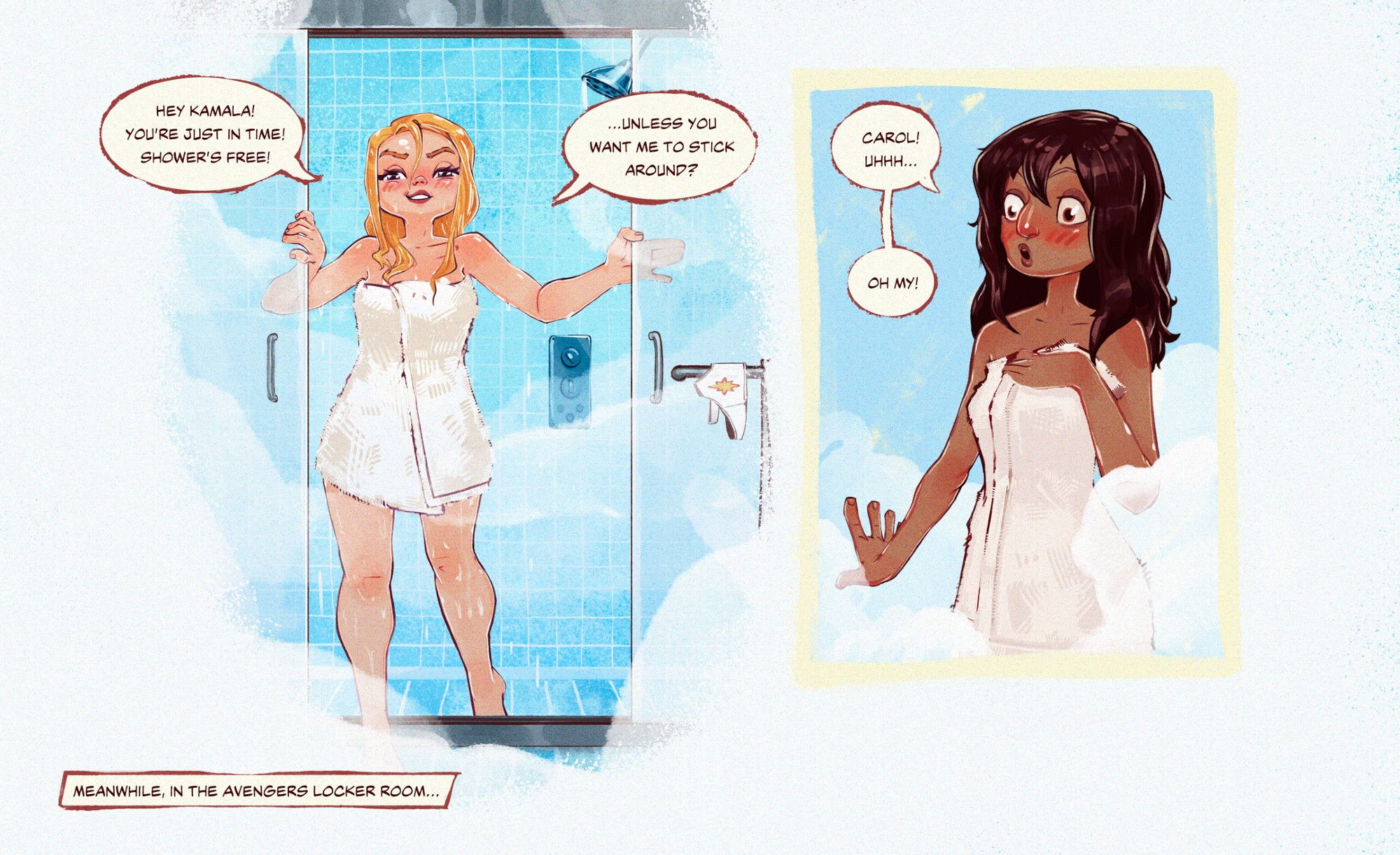 2d, 2girls, age difference, blonde hair, blush, blushing, brown hair, captain marvel, carol danvers, color, dark skin, dark-skinned female, english text, female, female only, kamala khan, lesbian, light skin, light-skinned female, marvel, marvel comics, ms. marvel, ms. marvel (kamala khan), muslim, muslim female, pakistani female, pinafore (artist), shower, shower room, speech bubble, steam, suggestive, towel, towel around body, yuri