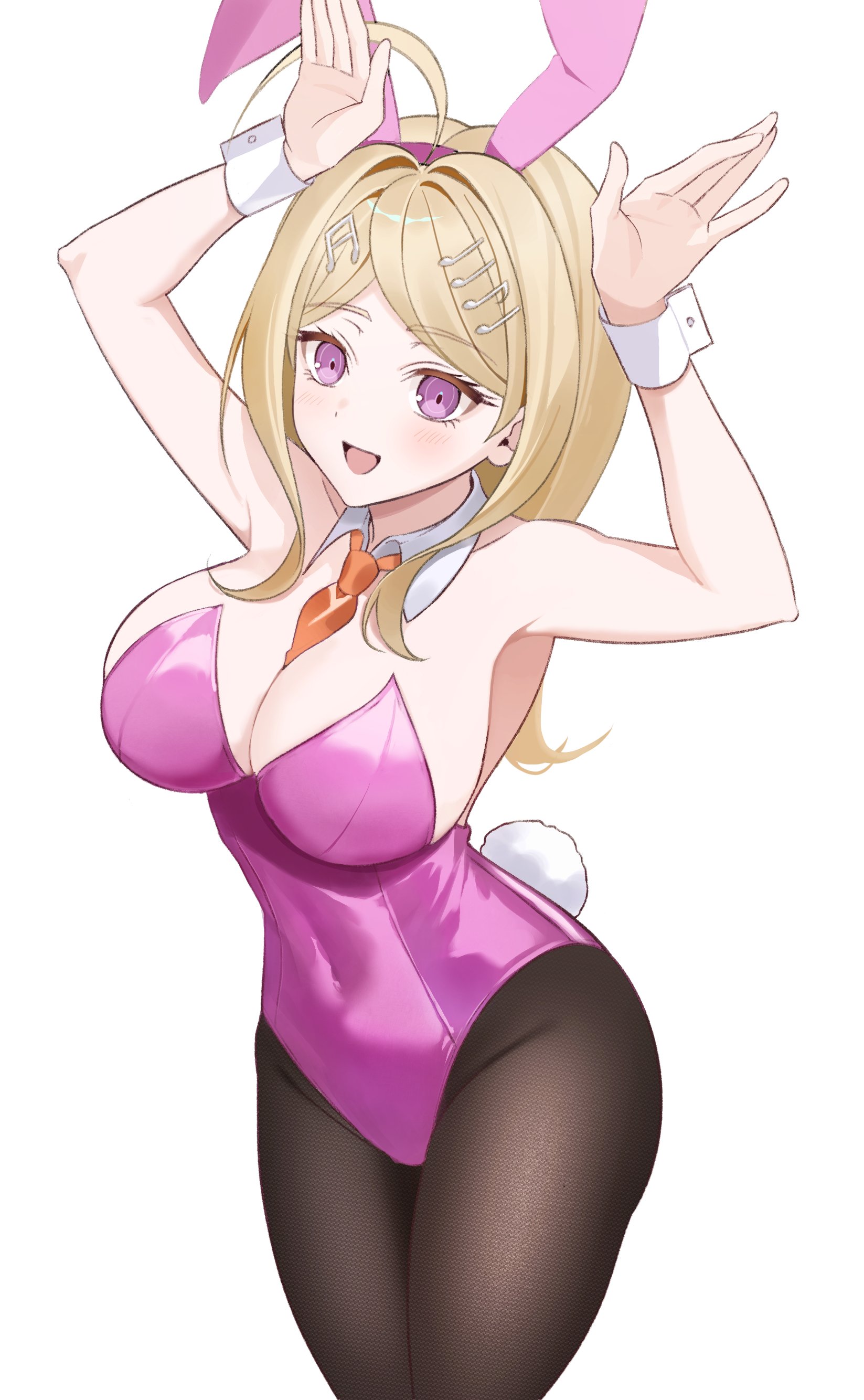 :d, 1girls, absurdres, ahoge, akamatsu kaede, blonde hair, breasts, bunny ears, bunnysuit, cleavage, danganronpa, danganronpa (series), danganronpa v3, danganronpa v3: killing harmony, female, female only, fortissimo, hair ornament, highres, keke (xfxyuio), large breasts, leotard, long hair, musical note, musical note hair ornament, open mouth, pantyhose, pink eyes, pink leotard, playboy bunny, revealing clothes, smile, solo, wrist cuffs