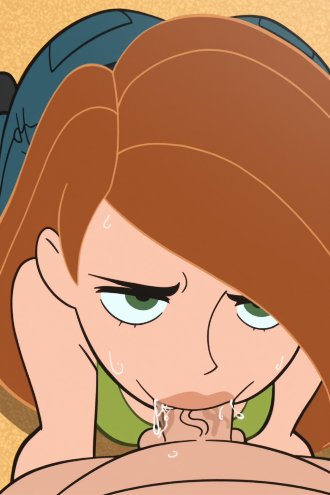 ai generated, blowjob, deepthroat, dirtmaster, disney, green eyes, kim possible, kimberly ann possible, male, penis, pov, pov blowjob, red hair, saliva, slobber