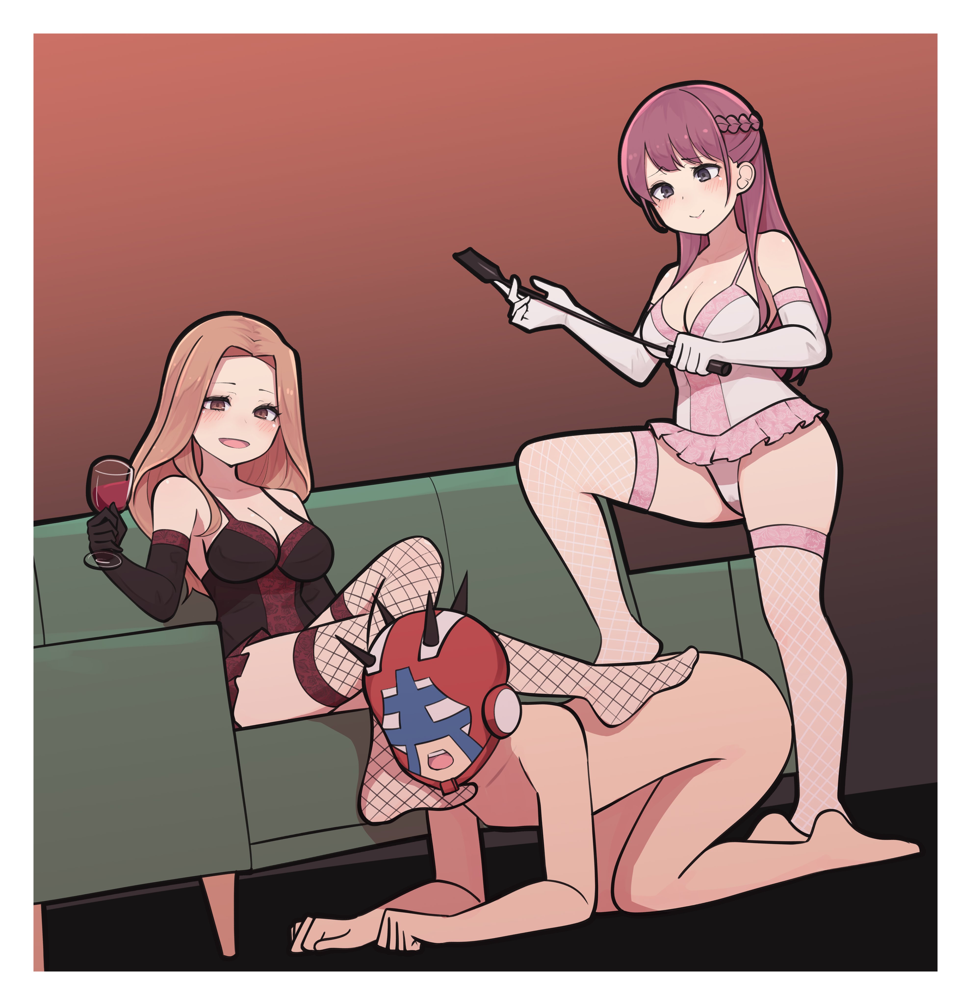 1boy, 2girls, all fours, armwear, clothed female nude male, completely naked, completely naked female, completely naked male, completely nude, completely nude male, female, femdom, hourglass figure, kikiu bd, legwear, long hair, long hair female, male, naked, naked male, nude, nude male, nude male clothed female, thick thighs, thighhighs, thighs, whip, wine glass, witch watch
