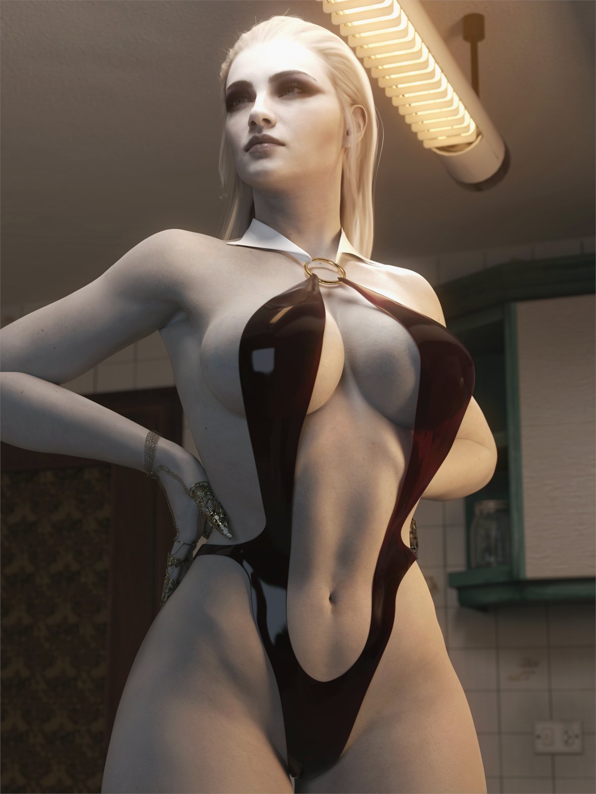 1girls, 3:4, 3d, big breasts, big thighs, breasts, capcom, ceiling light, cleavage, cosplay, curvaceous, curvy, curvy figure, dynamite comics, female, female only, hand on hip, hips, hourglass figure, huge breasts, huge thighs, large breasts, large thighs, light skin, light-skinned female, mature, mature female, milf, mother miranda (resident evil), pale skin, pale-skinned female, resident evil, resident evil 8: village, slim waist, thick, thick hips, thick legs, thick thighs, thighs, vampirella (cosplay), vampirella (series), voluptuous, waist, wide hips, word2