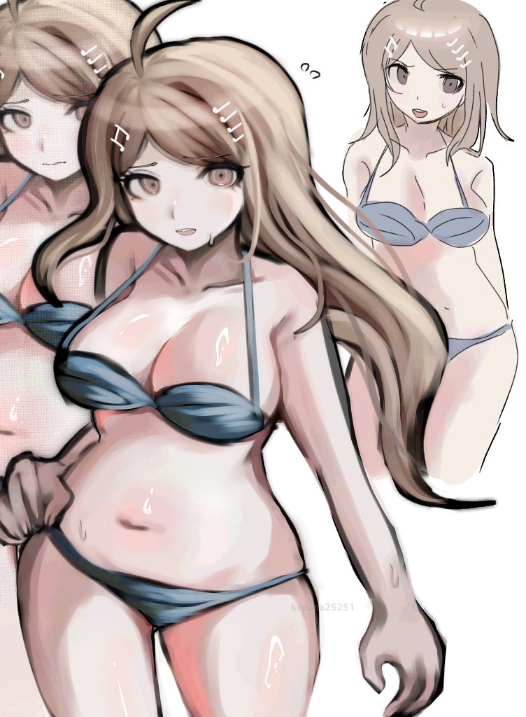 ahoge, akamatsu kaede, blonde hair, breasts, cleavage, danganronpa, danganronpa (series), danganronpa v3: killing harmony, female, fortissimo, hair ornament, ikemen'na ore-shi, large breasts, long hair, looking at viewer, musical note, musical note hair ornament, navel, open mouth, shiny skin, smile, stomach