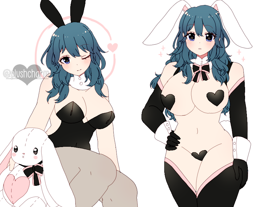 1girls alternate_costume big_breasts blue_eyes breasts bunny_ears bunny_tail bunnysuit byleth_(fire_emblem) byleth_(fire_emblem)_(female) female fire_emblem fire_emblem:_three_houses inner_thighs long_hair looking_at_viewer mostly_nude nintendo plushcharm plushie reverse_bunnysuit solo thighhighs winking_at_viewer