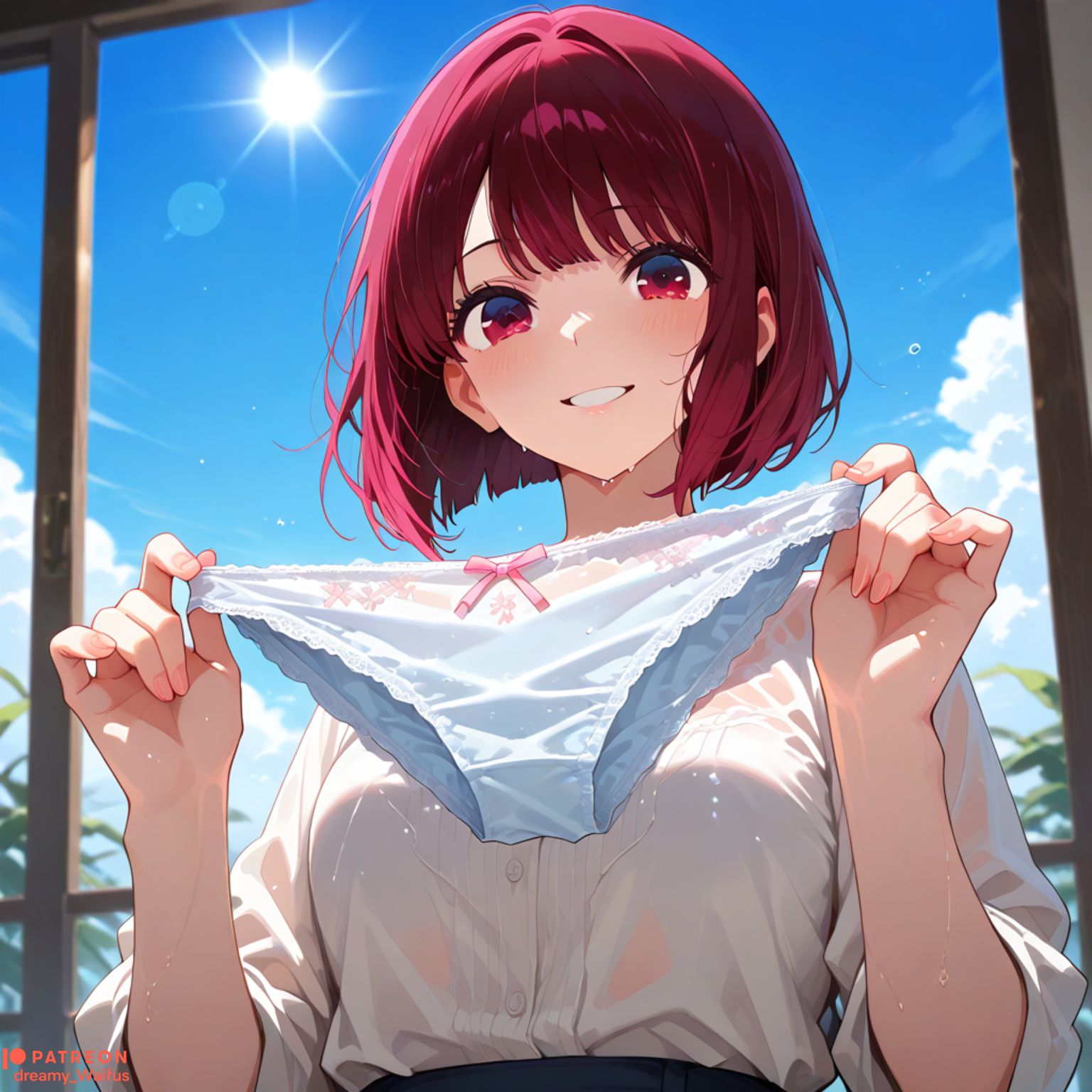 ai generated, arima kana, blue sky, blush, bob cut, bow, breasts, cloud, day, dreamy waifus, female, grin, holding, holding clothes, holding panties, holding underwear, indoors, looking at viewer, oshi no ko, panties, patreon username, pink bow, red eyes, red hair, shirt, short hair, skirt, sky, smile, solo, sun, underwear, unworn panties, upper body, wet, wet clothes, white panties, white shirt
