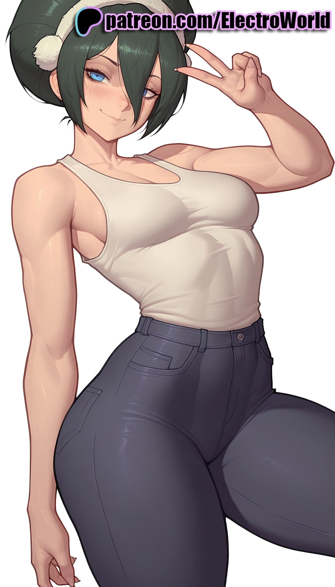 1girls, 2025, ai generated, artist name, avatar legends, avatar the last airbender, blush, breasts, bust, chest, dark skin, electroworld, female, green hair, hi res, high quality, high resolution, highres, looking at viewer, pants, patreon, patreon username, short hair, smile, stable diffusion, tank top, toph bei fong, v, watermark