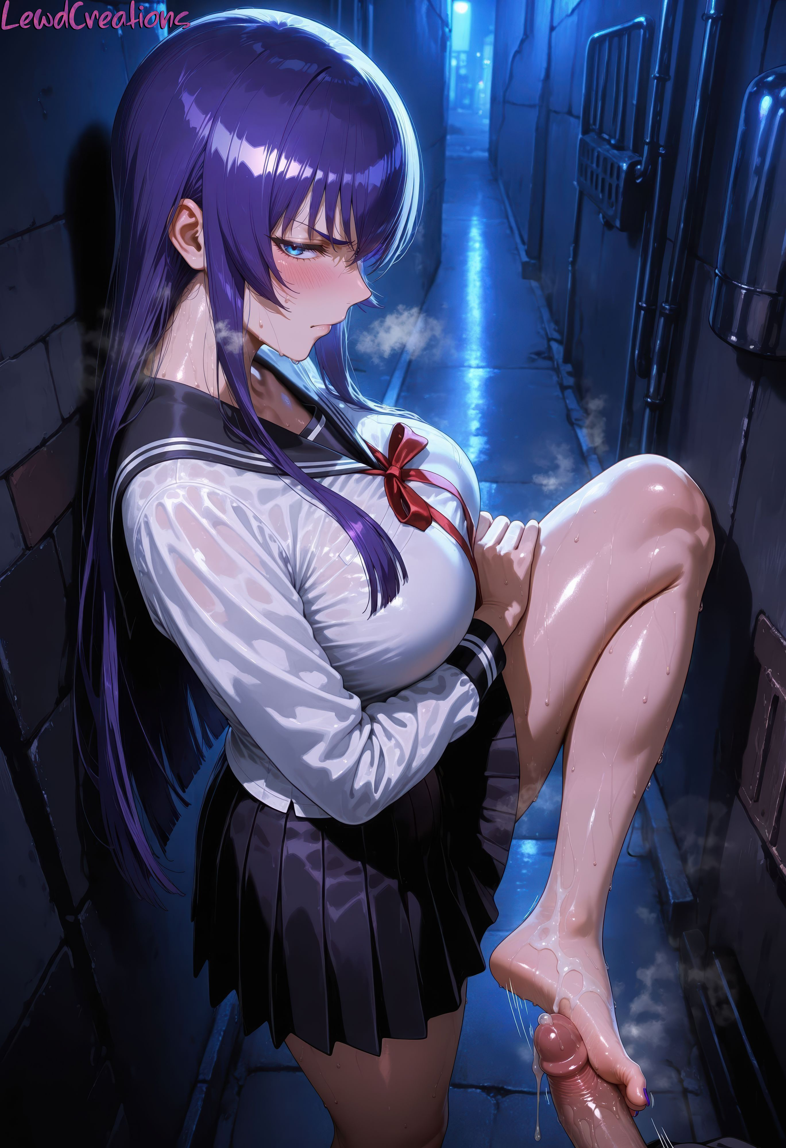 1boy, 1boy1girl, 1girls, absurd res, ai generated, alley, alleyway, annoyed, barefoot, big breasts, blue eyes, blush, blush lines, breasts, cum on foot, curvy, curvy figure, female, foot fetish, foot focus, foot worship, footjob, from-above, high resolution, highres, highschool of the dead, lewdcreationsai, light skin, light-skinned female, male, night, night sky, outdoors, painted toenails, penis, pov, purple hair, purple toenails, saeko busujima, school uniform, schoolgirl, schoolgirl uniform, sexually suggestive, skirt, soles, stable diffusion, standing footjob, standing on one leg, steam, steaming body, steamy breath, sweat, sweatdrop, sweating, sweaty, sweaty foot, tagme, thick, thick legs, thick thighs, thighs, toenail polish, toes, wrinkled soles, wrinkles
