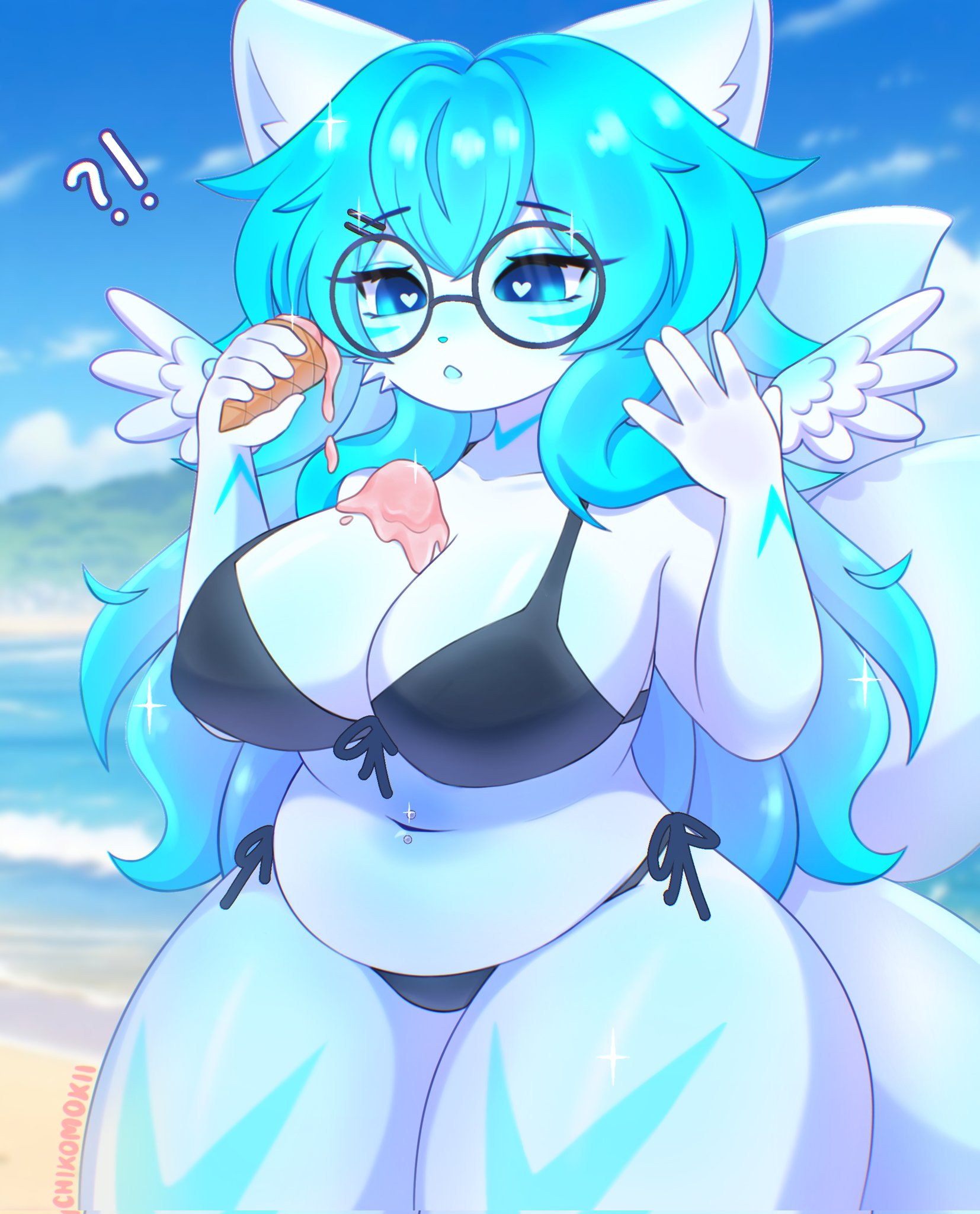 1girls, big breasts, bikini, chikomokii, furry, ice cream, original, original character, wings