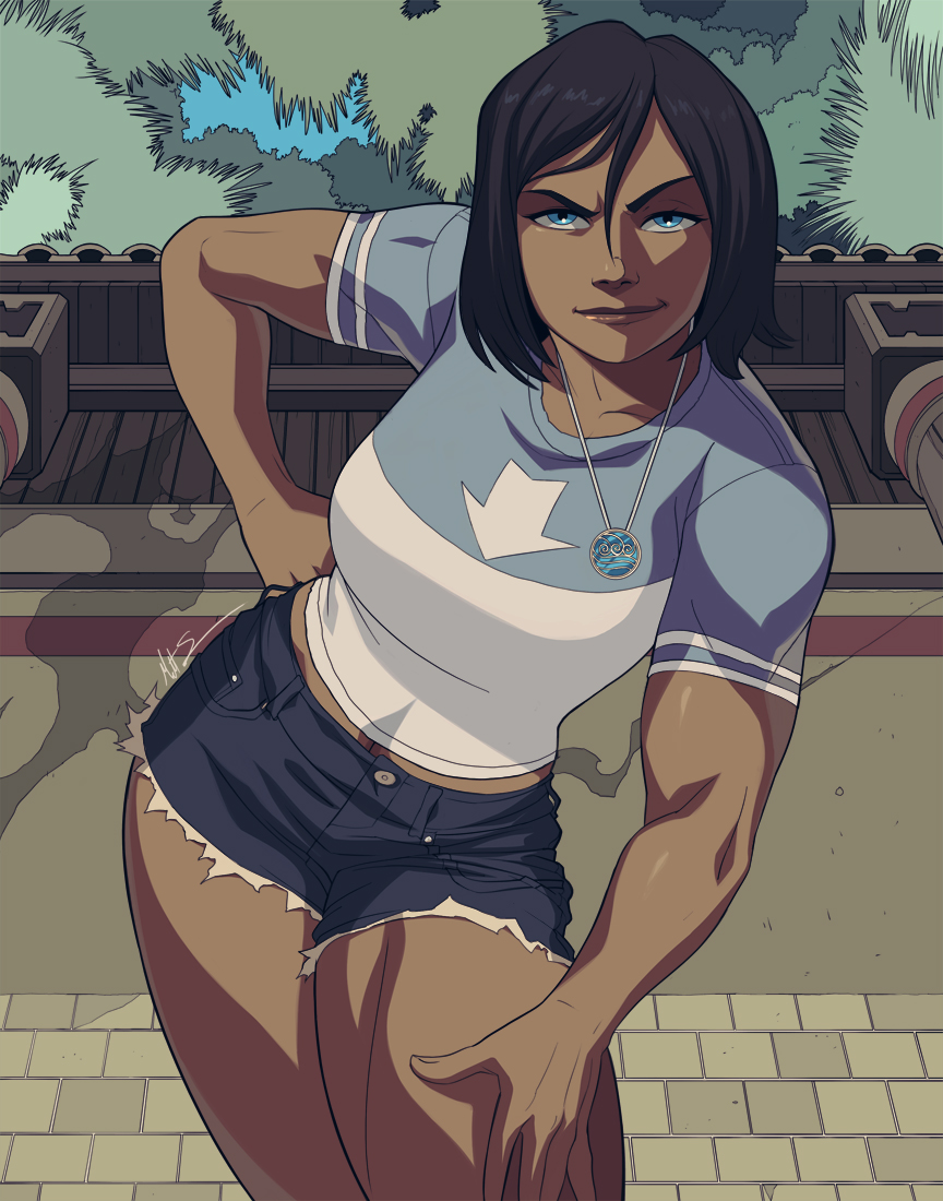 1girls, 2025, 2d, 2d (artwork), alternate costume, alternate hair length, alternate hairstyle, amulet, avatar the last airbender, biceps, black hair, blue eyes, blue shirt, blue shorts, breasts, brown hair, brown lips, casual, clothing, confident, cowboy shot, cutoffs, daisy dukes, dark skin, dark-skinned female, denim, denim shorts, female, female only, female protagonist, fully clothed, hair between eyes, hand on own hip, hand on own thigh, heroine, human, human only, jewelry, korra, lips, looking at viewer, medium breasts, midriff peek, modern clothes, modern setting, muscular, muscular female, necklace, nose, outdoors, pendant, pose, posing for the viewer, questionable, ringer t-shirt, sassy, sfw, shirt, short hair, short shorts, short sleeves, shorts, smile, smiling at viewer, solo, solo female, standing, t-shirt, the legend of korra, thick thighs, thighs, tomboy, toned, tree, triplexmile, wall, wall (structure)