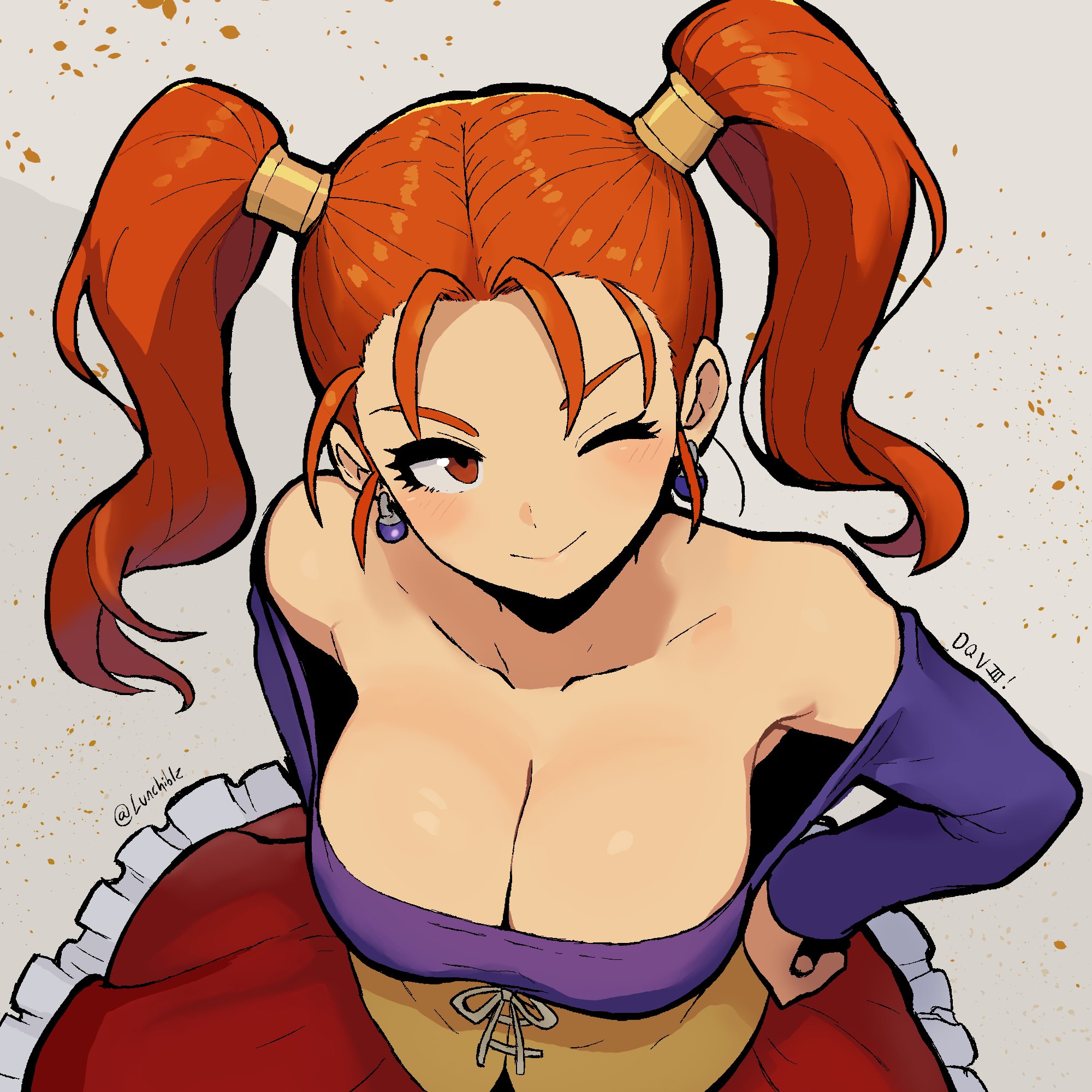 1girls, artist name, bare shoulders, breasts, brown eyes, brown hair, cleavage, collarbone, commentary, copyright name, corset, dragon quest, dragon quest viii, earrings, english commentary, female, female only, hand on own hip, highres, jessica albert, jewelry, large breasts, long hair, lunchiblz, one eye closed, purple shirt, shirt, smile, solo, square enix, twintails, twitter username, yellow corset