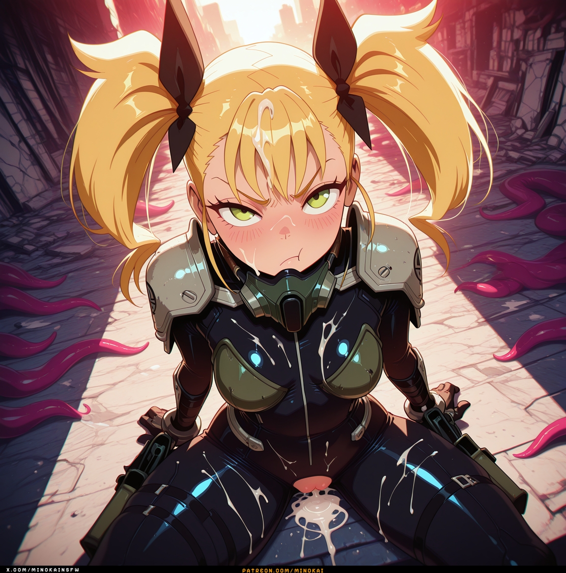 :v, after sex, ai generated, blonde hair, bodysuit, breasts, cum drip, cum in pussy, female, green eyes, kaiju no.8, kikoru shinomiya, medium breasts, minokai, pouting, pussy, self upload, twintails
