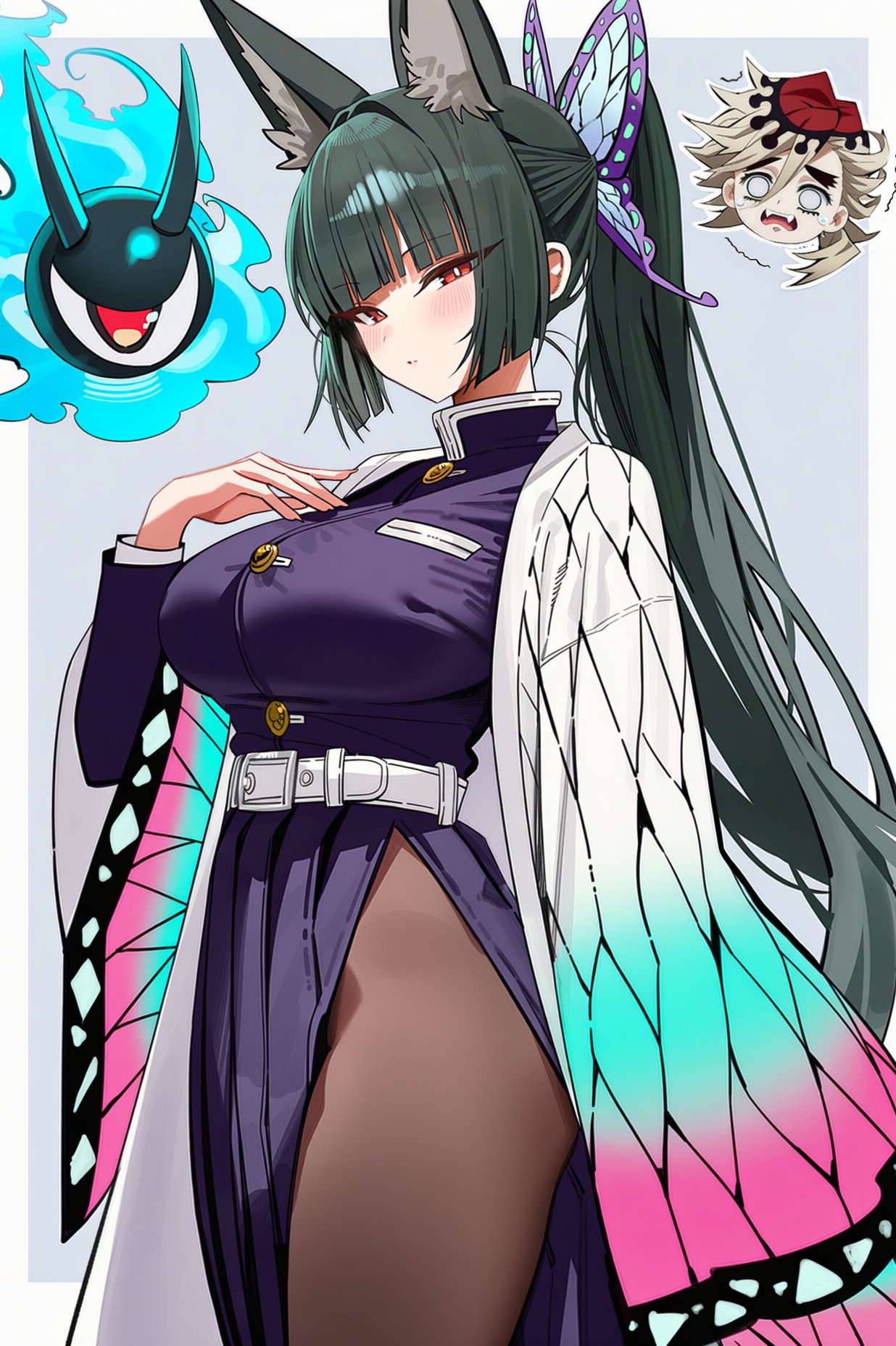 1girls, ai generated, aiart fring, animal ears, bangs, belt, big breasts, black hair, blunt bangs, blush, breasts, butterfly, butterfly hair ornament, coat, cosplay, demon slayer, female, fring853, hair ornament, hand on own chest, hoshimi miyabi, kimetsu no yaiba, kochou shinobu (cosplay), large breasts, long hair, looking at viewer, multiple females, multiple girls, ponytail, red eyes, thighs, wide sleeves, zenless zone zero