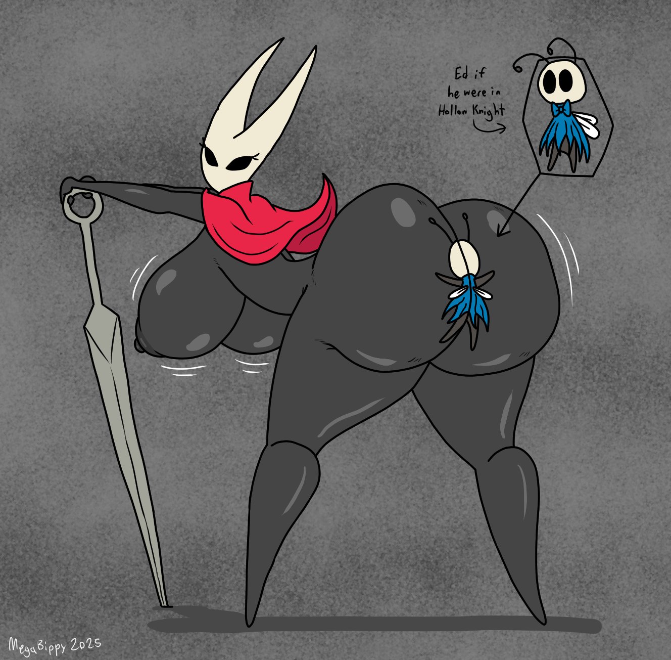 1boy, 1boy1girl, 1female, 1girls, ed (megabippy), female, hollow knight, hornet (hollow knight), male, megabippy, solo female, stuck to ass, stuck to butt, tagme