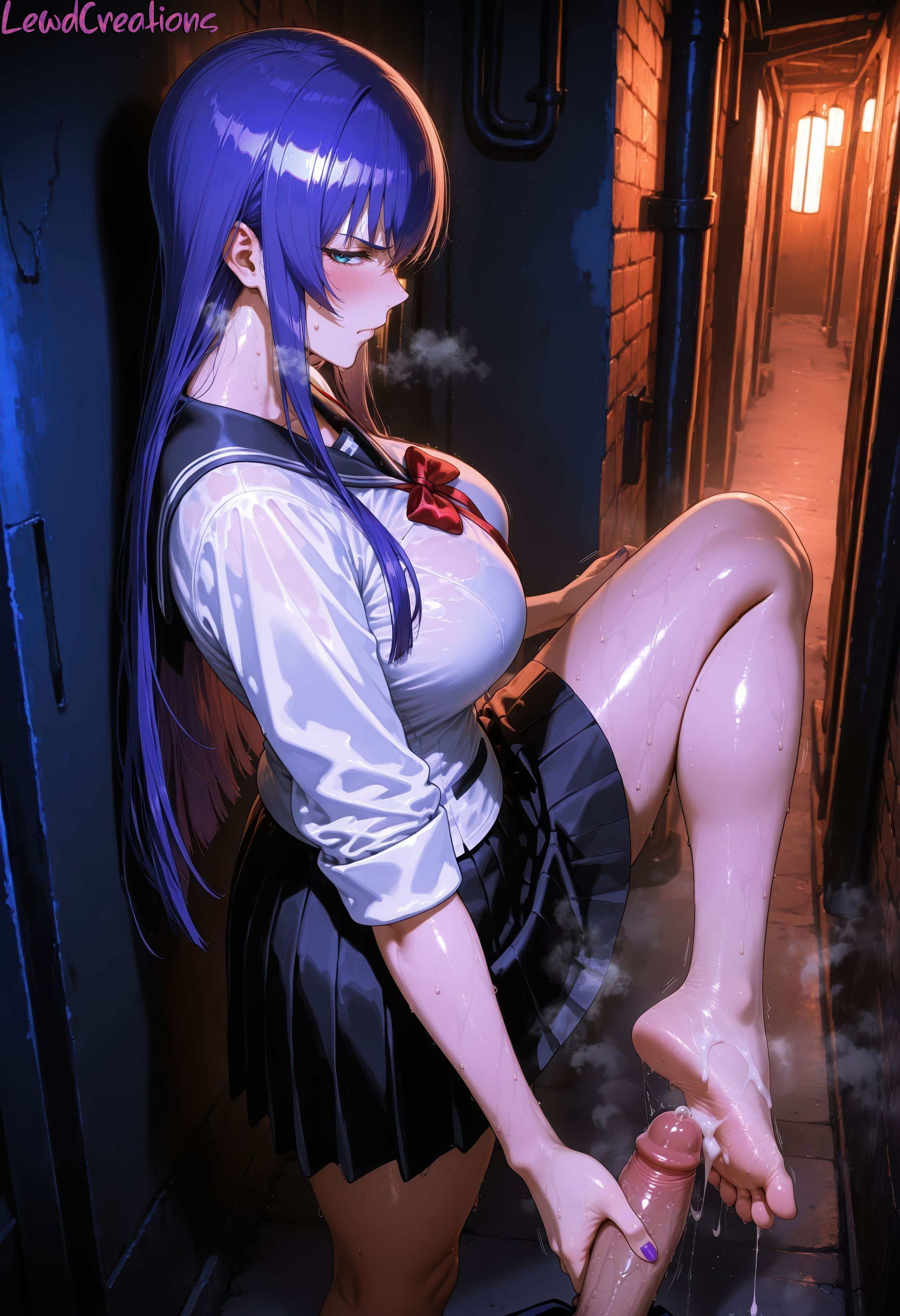1boy, 1boy1girl, 1girls, absurd res, ai generated, alley, alleyway, annoyed, barefoot, big breasts, blue eyes, blush, blush lines, breasts, cum on foot, curvy, curvy figure, ejaculation, female, foot fetish, foot focus, foot worship, footjob, from-above, handjob, high resolution, highres, highschool of the dead, lewdcreationsai, light skin, light-skinned female, male, male ejaculation, night, night sky, outdoors, painted toenails, penis, pov, purple hair, purple toenails, saeko busujima, school uniform, schoolgirl, schoolgirl uniform, sexually suggestive, skirt, soles, stable diffusion, standing footjob, standing on one leg, steam, steaming body, steamy breath, sweat, sweatdrop, sweating, sweaty, sweaty foot, tagme, thick, thick legs, thick thighs, thighs, toenail polish, toes, wrinkled soles, wrinkles