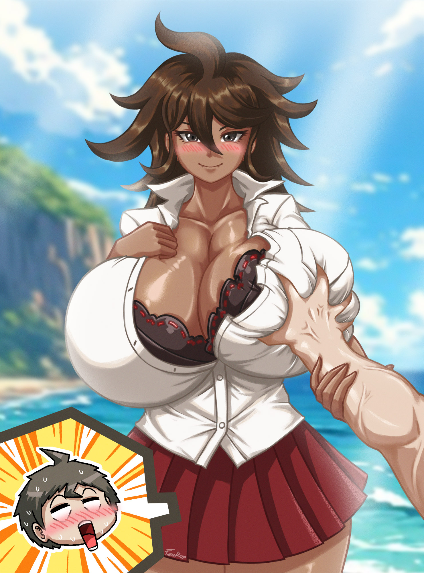 1boy, ahoge, beach, blush, breast grab, breasts, cleavage, curvy, danganronpa, danganronpa (series), danganronpa 2: goodbye despair, dark skin, dark-skinned female, deep skin, female, female focus, fenrox, grabbing another's breast, groping, guided breast grab, highres, hinata hajime, huge breasts, male, matching hair/eyes, owari akane, thick thighs, thighs, wide hips