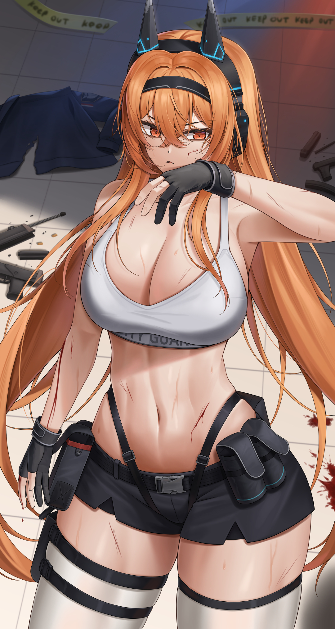 1girls, 5 fingers, animal ears, arm up, background, badass, bare belly, bare legs, bare midriff, bare shoulders, belly, belly button, belt, black belt, black gloves, black pants, black short shorts, black shorts, blood, blood on body, blood on breasts, blood on face, blood on hand, blood on leg, breasts, bruise, bruise on face, bruised, bruised breast, bruised face, bruised leg, bruised stomach, bruises, clothed, clothed female, clothes on floor, clothing, crime scene, curvaceous, curvaceous body, curvaceous female, curvaceous figure, curvaceous hips, curves, curvy, curvy body, curvy female, curvy figure, curvy hips, curvy thighs, emotionless, emotionless female, english shepherd, fake animal ears, female, female focus, female only, fingerless gloves, fingers, gloves, gun, guns, hand on cheek, hand up, headband, hips, huge breasts, huge thighs, human, human only, indifference, indifferent, injured, injuries, injury, large breasts, large thighs, last origin, lazb., leggings, legs, long hair, looking to the side, magazine, magazine (gun), magazine (object), magazine (weapon), midriff, midriff baring shirt, one hand raised, one hand up, orange eyes, orange hair, pants, pistol, pocket, pockets, police tape, sexy, short shorts, shorts, shoulders, solo, solo female, solo focus, tank top, tank top only, text on shirt, thick thighs, thigh strap, thighhighs, thighs, unbothered, very long hair, weapon, weapon on floor, weapon on ground, weapons, white clothing, white leggings, white outfit, white shirt, white tank top, wholesome, wide hips