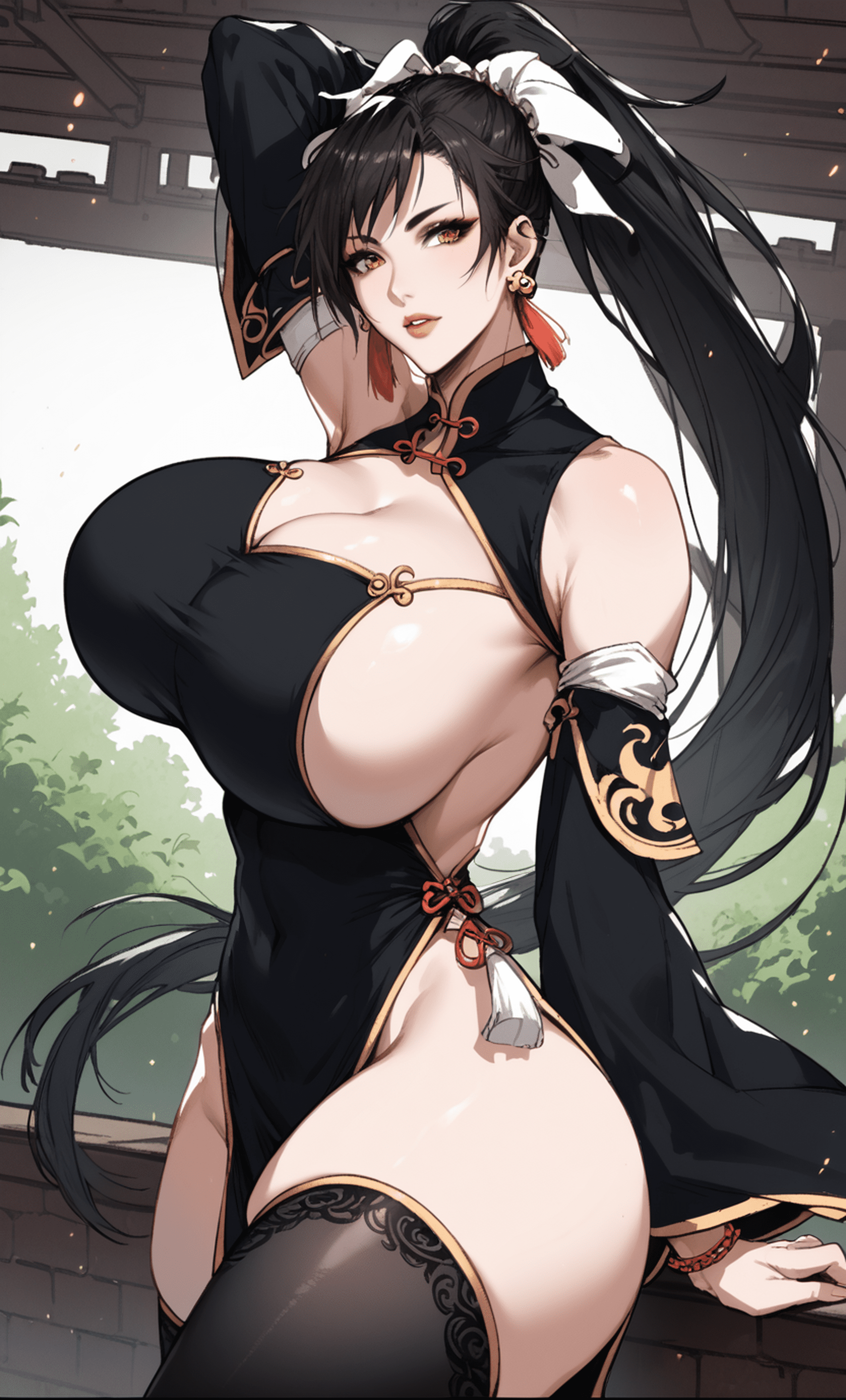 ai art, ai generated, black hair, china, chinese clothes, chun yan (shuumatsu no valkyrie), female, fit female, mature female, qipao, qipao dress, renelaw94, shuumatsu no valkyrie, tensor art, thick thighs