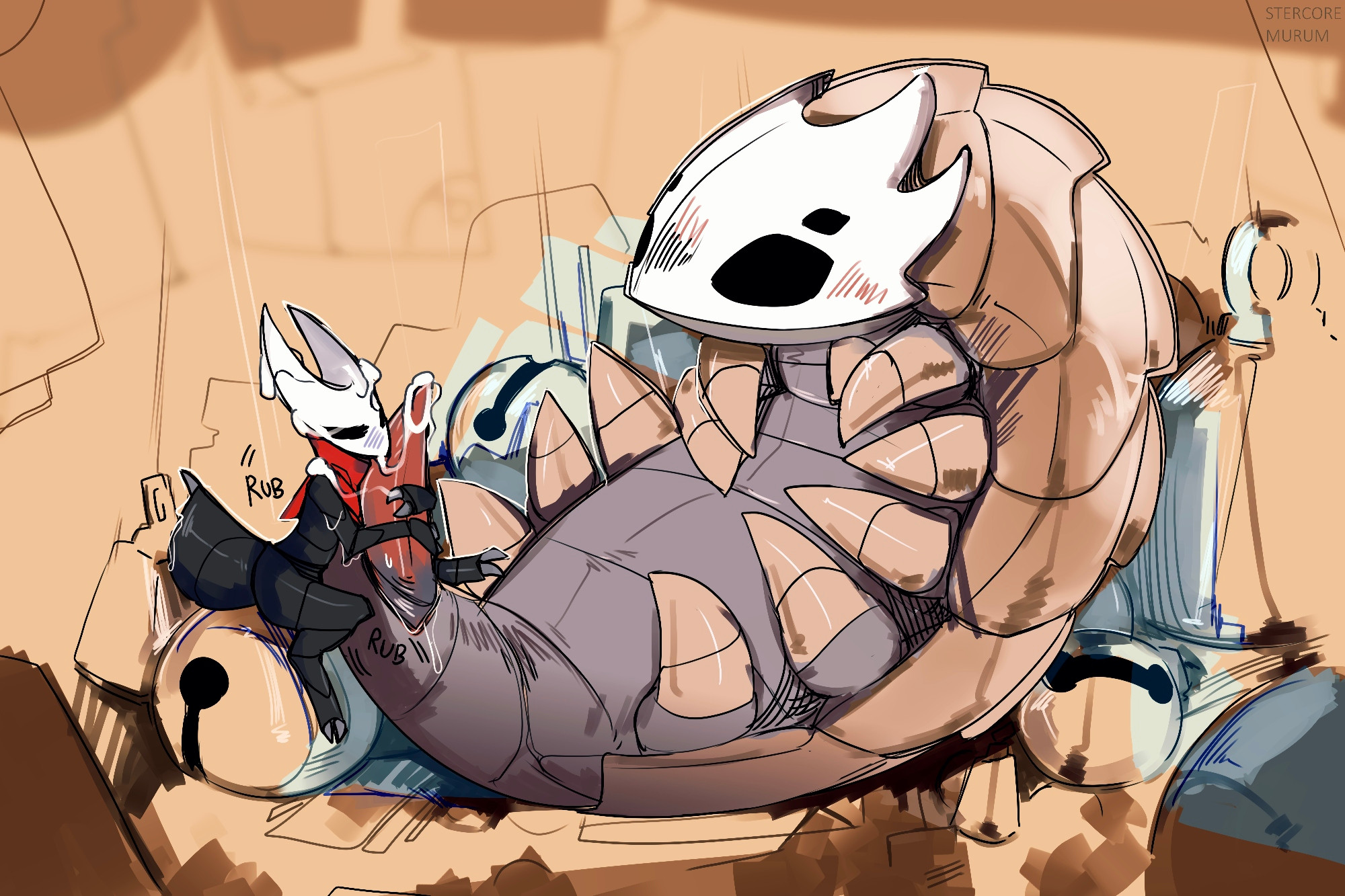 1boy, 1girls, 2025, animal penis, anthro, arthropod, bell beast, bells, black body, black skin, blush, bug, bug girl, cum, cum in mouth, cum inside, cum on face, female, grey body, grey skin, handjob, hi res, hollow knight, hollow knight: silksong, hornet (hollow knight), horns, isopod, male, male/female, multi arm, multi limb, penis, red clothing, silksong, sitting, size difference, spider, stercore murum
