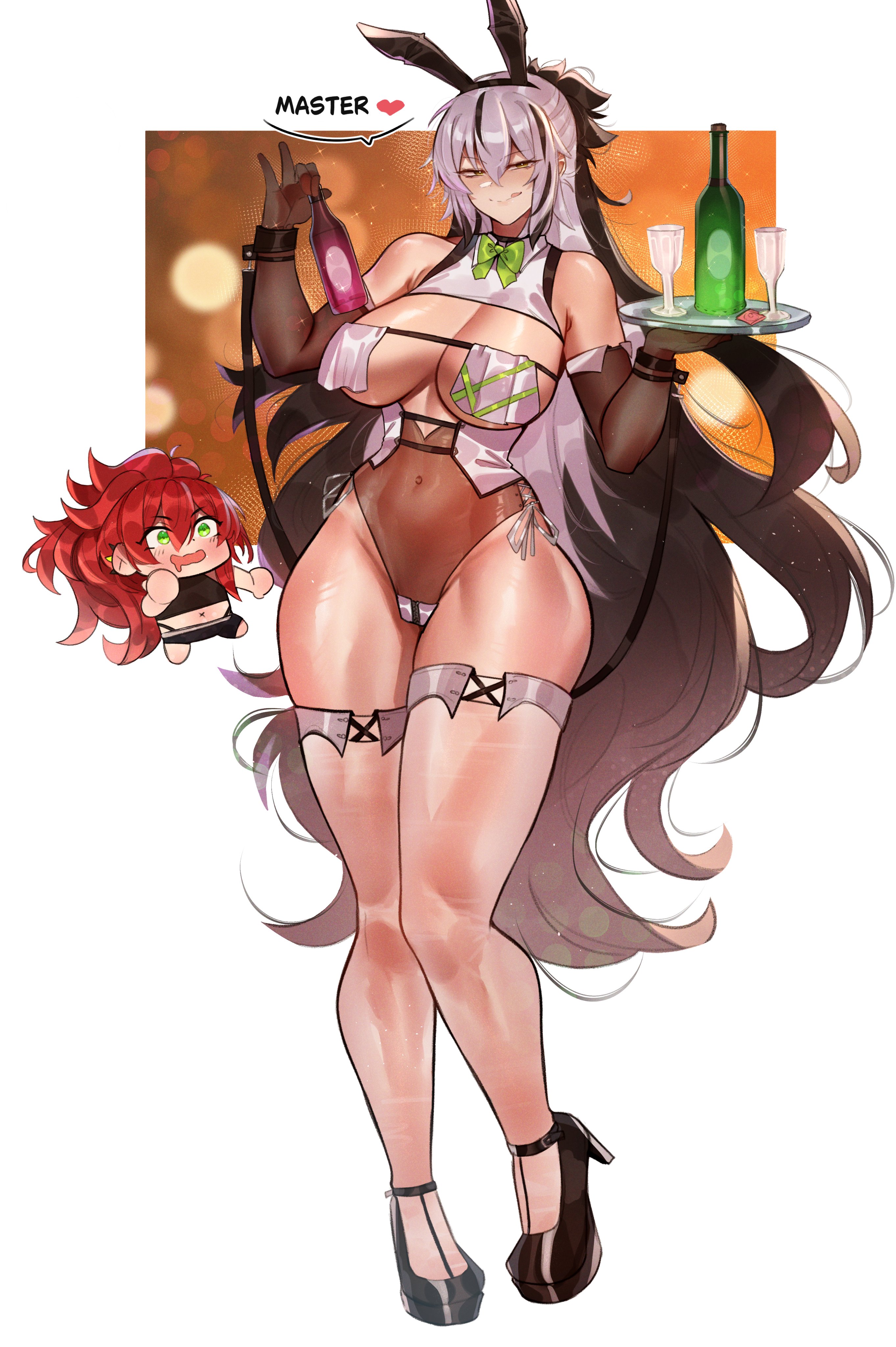2girls, absurdres, alcohol, animal ears, black hair, bow, bowtie, breasts, chibi, commentary, covered navel, deccatezu, elbow gloves, english commentary, english text, fake animal ears, fate (series), fate/grand order, gloves, green eyes, grey hair, hair between eyes, heart, high heels, highres, holding, holding tray, large breasts, leotard, licking lips, long hair, looking at viewer, multiple girls, nagao kagetora (fate), playboy bunny, ponytail, rabbit ears, red hair, see-through clothes, speech bubble, spoken heart, thighhighs, tongue, tongue out, tray, very long hair, yellow eyes