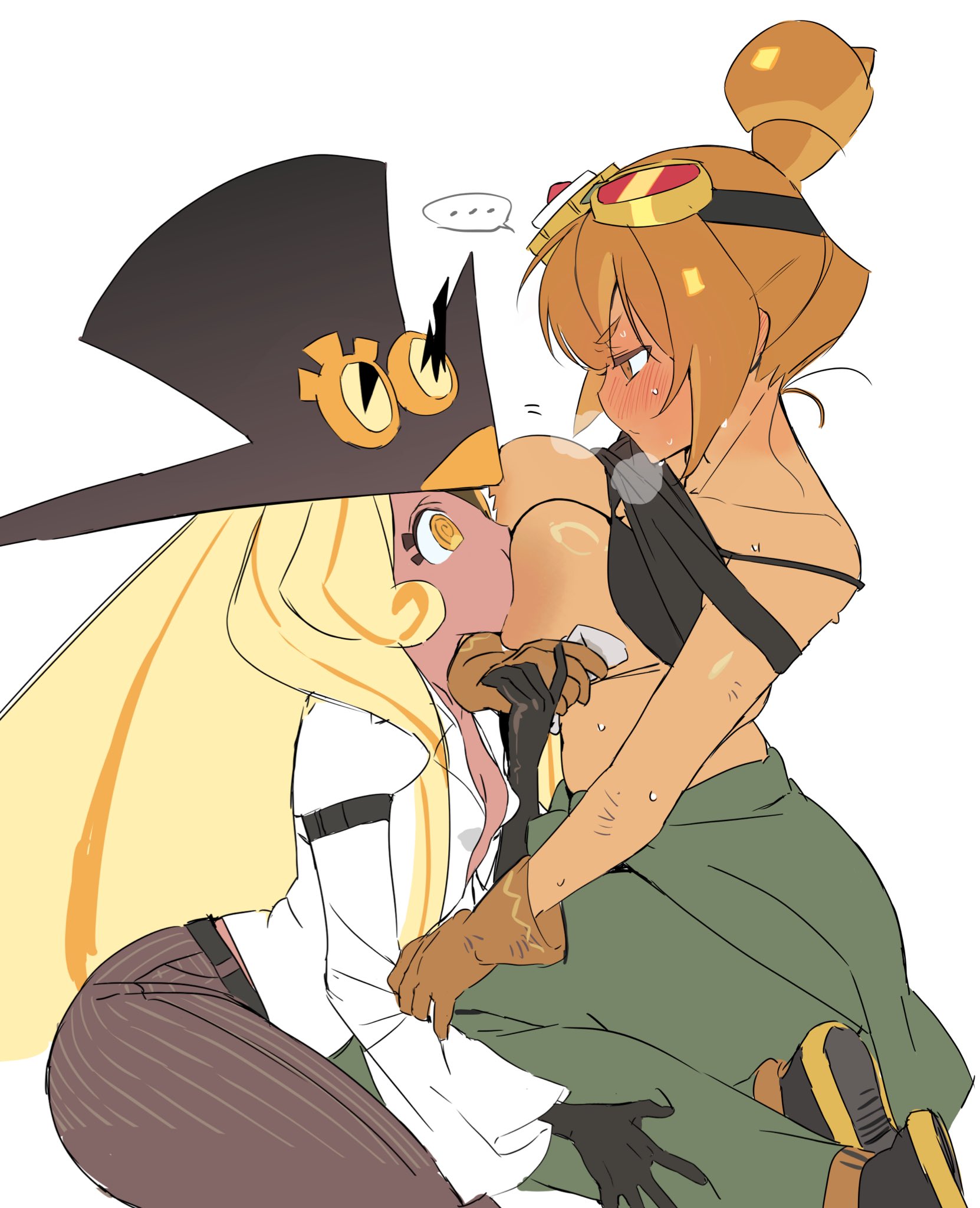 ..., @ @, 2girls, annoyed, areola slip, arm under breasts, bare arms, bare shoulders, black bra, black gloves, black hat, black shoes, black tank top, blonde hair, blush, bra, bra lift, breast sucking, breasts, brown eyes, brown gloves, brown hair, brown pants, clothes lift, cookie run, cookie run ovenbreak, cowboy shot, croissant cookie, curly sidelocks, dark skin, dark-skinned female, dual persona, embarrassed, eye contact, face-to-face, food-themed hair, foot out of frame, from side, full-face blush, gloves, goggles, goggles on head, goggles on headwear, green pants, hair bun, hat, highres, humanization, juliet sleeves, large breasts, long hair, long sleeves, looking at another, multicolored hair, multiple girls, ohta guk hip, orange eyes, orange hair, pants, pinstripe pants, pinstripe pattern, profile, puffy sleeves, selfcest, shirt, shirt lift, shoes, short hair, simple background, single hair bun, sitting, spoken ellipsis, streaked hair, sweat, tank top, timekeeper cookie, top hat, two-tone hair, underwear, very long hair, white background, white shirt, yuri