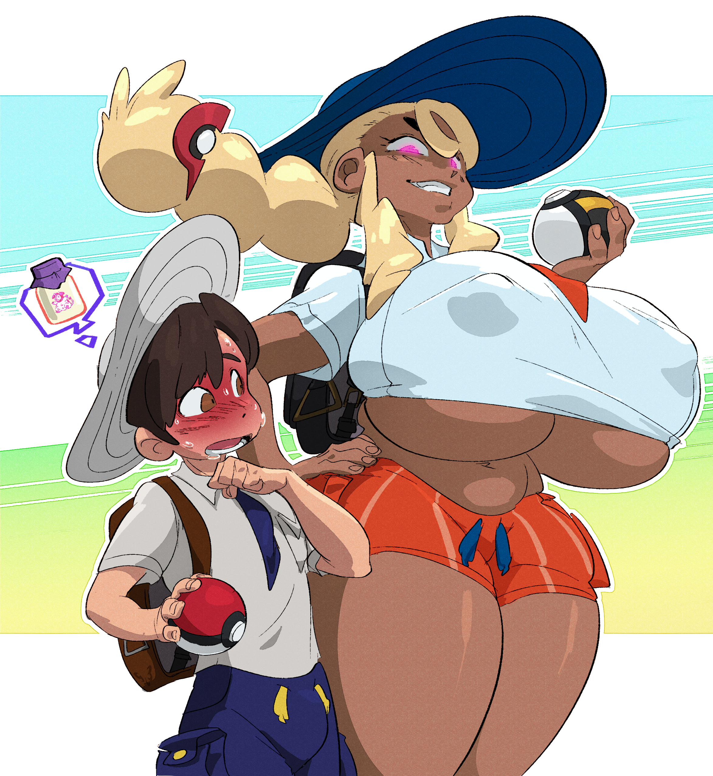 1boy, 1girls, blonde hair, blonde-haired female, breasts, clothed, dark-skinned female, erect nipples under clothes, female, florian (pokemon), hat, huge breasts, juliana (pokemon), kanani, larger female, male, pokemon, shorts, slb, smaller male, smiling, thick thighs, underboob