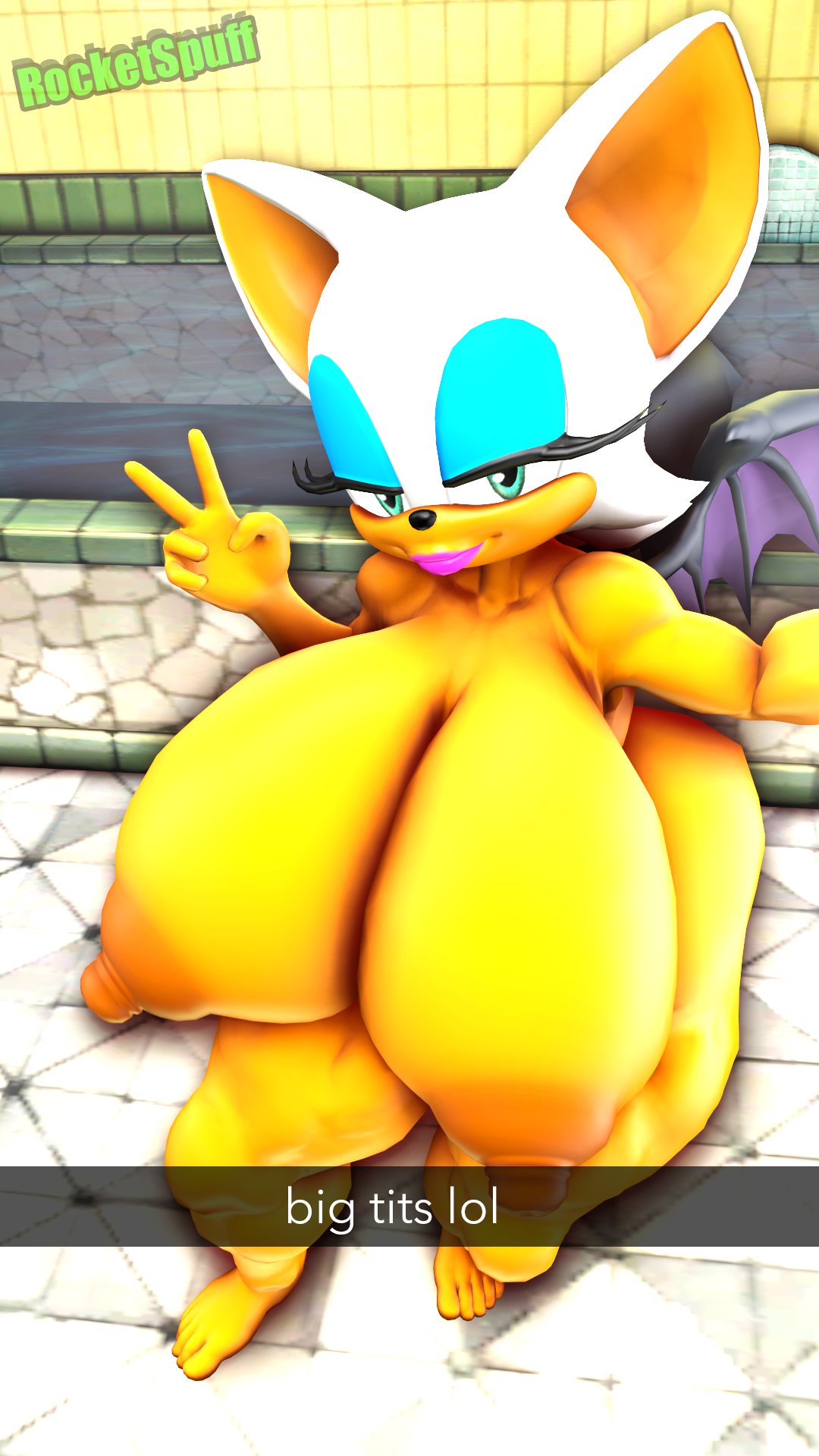 3d, 3d (artwork), 3d model, anthro, areolae, big breasts, blue eyes, breasts, chiropteran, female, female only, kabalmystic, kabalmystic (style), mobian, mobian (species), mobian bat, nipples, nude, nude female, peace sign, rocketspuff, rouge the bat, rouge the bat (kabalmystic), sega, selfie, sonic (series), sonic adventure 2, sonic the hedgehog (series), thick, thick thighs, voluptuous, voluptuous female, white fur