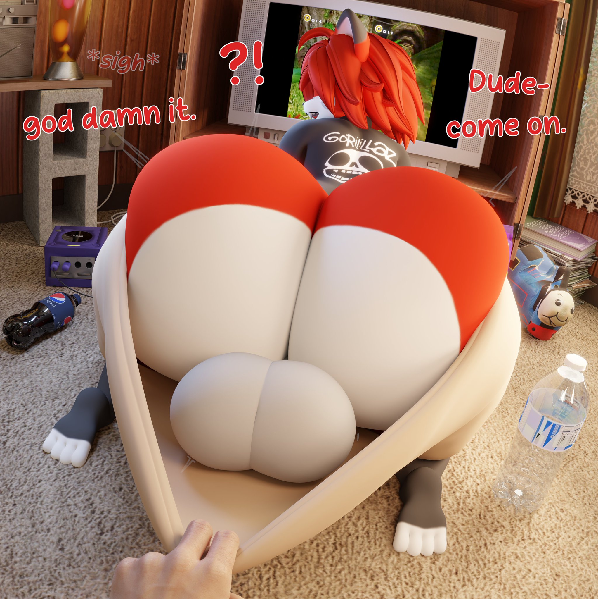 1male, 3d, aidenz, anthro, ass, balls, big ass, big balls, bubble butt, california foxxden (crazyassfox22), canid, canine, character request, console, fat ass, femboy, fox, frog pose, gamecube, gigantic ass, huge ass, huge balls, hyper ass, large ass, looking back, male, massive ass, playing videogame, proxy (crazyassfox22), solo, sonic (series), sonic adventure 2, sonic the hedgehog (series), thick thighs, thomas and friends, tv, uncle aiden, vhs, wide hips