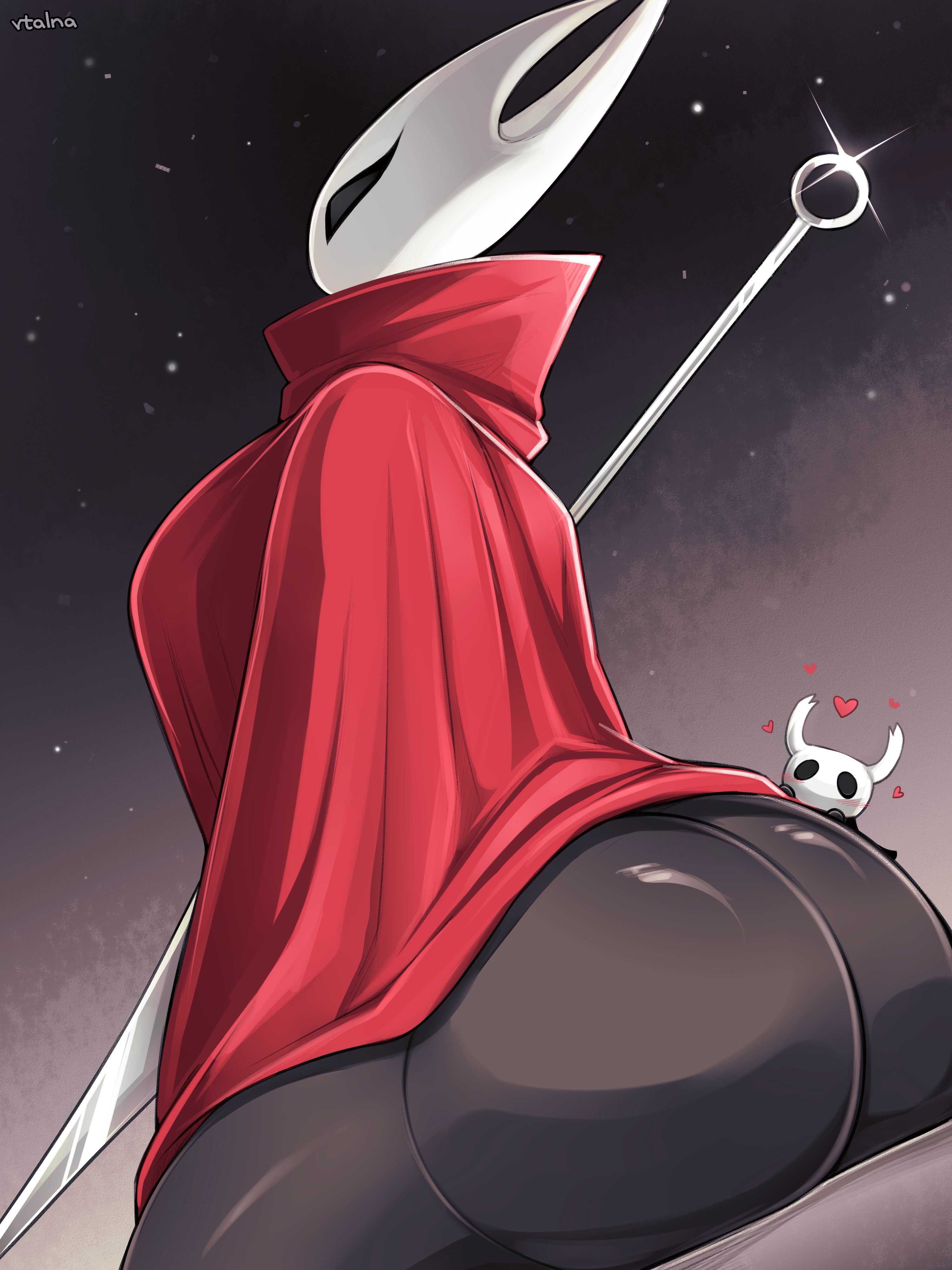 1boy, 1girls, 2 horns, arthropod, ass, big ass, big breasts, big butt, big thighs, black body, black skin, breasts, bubble ass, bubble butt, bug, bug girl, butt, female, giantess, gigantic ass, gigantic thighs, hollow knight, hollow knight: silksong, hornet (hollow knight), huge ass, huge thighs, incest, incest (lore), incestuous, incestuous (lore), insect girl, insectoid, insects, large ass, large breasts, large butt, male, protagonist (hollow knight), silksong, size difference, smaller male, tagme, taller female, team cherry, the knight (hollow knight), thick thighs, thighs, vtalna