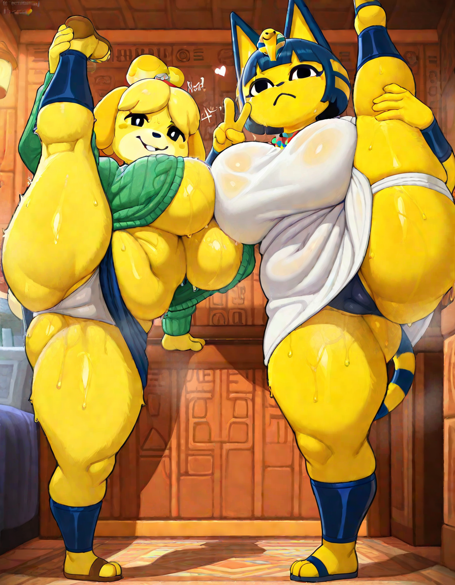 2girls, ai generated, animal crossing, ankha, ankha (animal crossing), anthro, big breasts, breasts, canid, canine, canis, domestic cat, domestic dog, felid, feline, felis, female, isabelle (animal crossing), splits, standing, underwear, varek daemonium (artist)