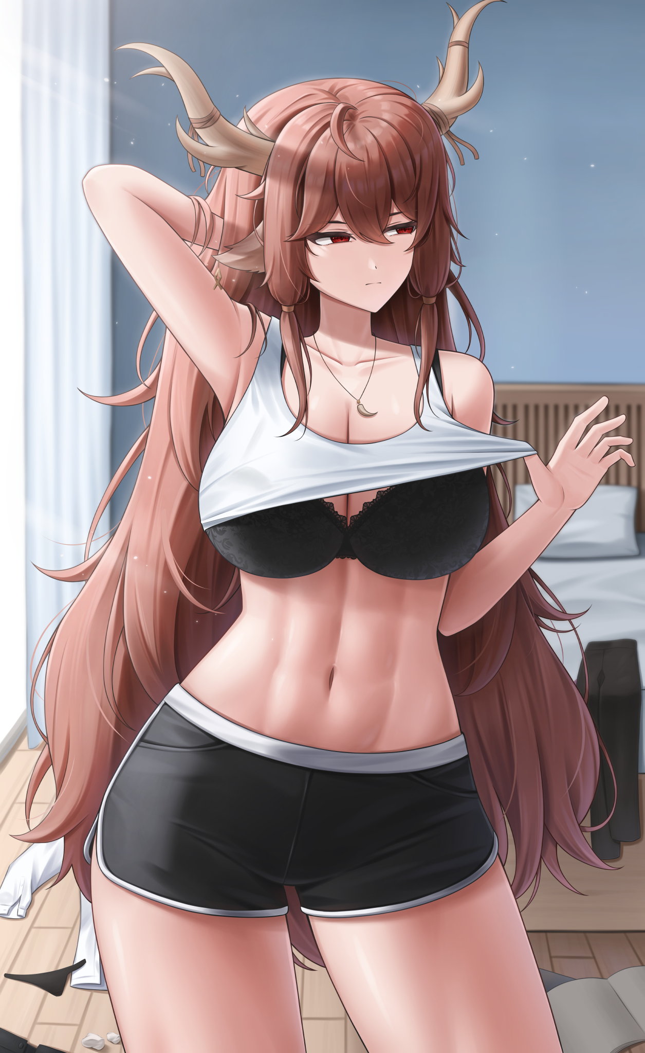 1girls, 5 fingers, abs, absurd res, absurdres, animal ear fluff, animal ears, antlers, arm behind head, arm up, armpit, armpits, background, bare armpit, bare armpits, bare arms, bare belly, bare chest, bare midriff, bare shoulders, bed, bedroom, belly, belly button, bikini, bikini top, bikini top only, black bikini, black bra, black pants, black shorts, black underwear, bra, bra only, bra peek, breasts, brown hair, brown hair female, brown-haired female, cleavage, closed mouth, clothed, clothed female, clothes lift, clothes on floor, clothing, contrapposto, cowboy shot, curtain, curtains, curtains open, curvaceous, curvaceous body, curvaceous female, curvaceous figure, curvaceous hips, curves, curvy, curvy body, curvy female, curvy figure, curvy hips, curvy thighs, deer, deer ears, deer girl, diana (trickcal re:vive), diana (trickcal), diana (yester) (trickcal re:vive), disinterested, eldain, emotionless, emotionless female, expressionless, fang necklace, female, female focus, female only, fingers, hair tie, hand behind head, hand in own hair, hand on shirt, hand up, hips, horn, horns, huge breasts, indifference, indifferent, indoors, inside, large breasts, lazb., lifting own clothes, lifting shirt, lifting shirt up, light skin, light-skinned female, looking to the side, medium thighs, messy room, midriff, mouth, mouth closed, navel, necklace, neutral expression, no sleeves, no sleeves shirt, oblivious, one hand behind head, one hand raised, one hand up, pants, pillow, pointy ears, pulling clothing, red eyes, room, shirt lift, shirt up, short shorts, shorts, shoulders, showing bra, sleeveless, sleeveless shirt, solo, solo female, solo focus, standing, thighs, tomboy, trickcal, trickcal re:vive, unaware, unbothered, uncaring, unenthusiastic, white clothing, white outfit, white shirt, window, window blinds, window light, windows