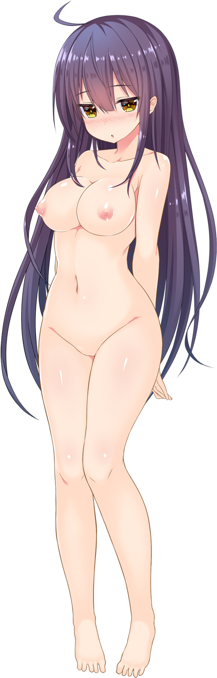 5240mosu :o ahoge arms_behind_back blush breasts female full_body greatmosu highres large_breasts long_hair natsuiro_koi_uta navel nipples nose_blush nude official_art purple_hair shiny shiny_skin suwa_shion transparent_background yellow_eyes