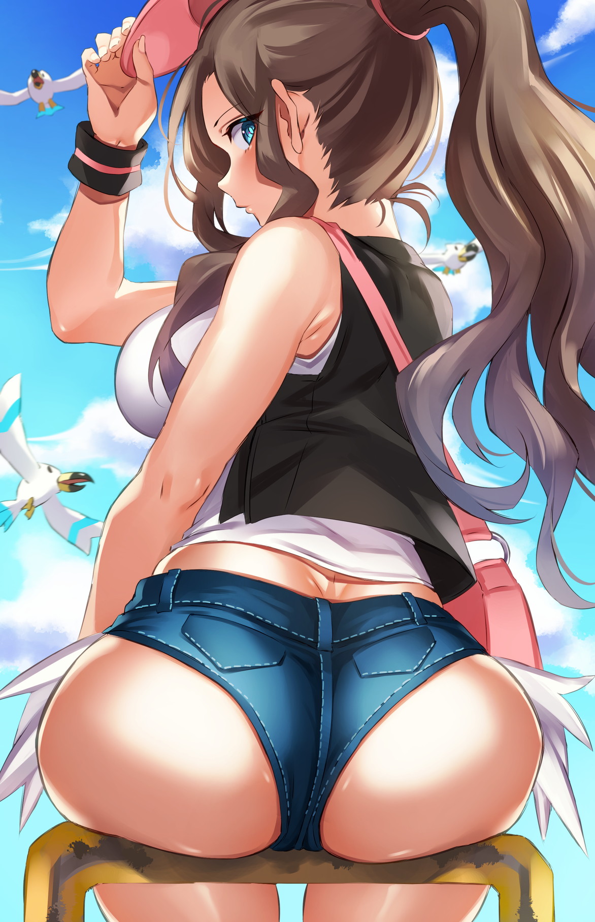 ass, ass hanging out of shorts, ass press, back, bag, bare shoulders, baseball cap, bird, black vest, blue eyes, blue shorts, blush, breasts, brown hair, denim, denim shorts, exposed pocket, female, game freak, gen 3 pokemon, hat, high ponytail, highres, hikari (komitiookami), hilda (pokemon), huge ass, large breasts, long hair, looking at viewer, looking back, nintendo, pokemon, pokemon (creature), pokemon bw, ponytail, short shorts, shorts, shoulder bag, sidelocks, solo, tank top, thighs, very long hair, vest, white tank top, wide hips, wingull, wristband
