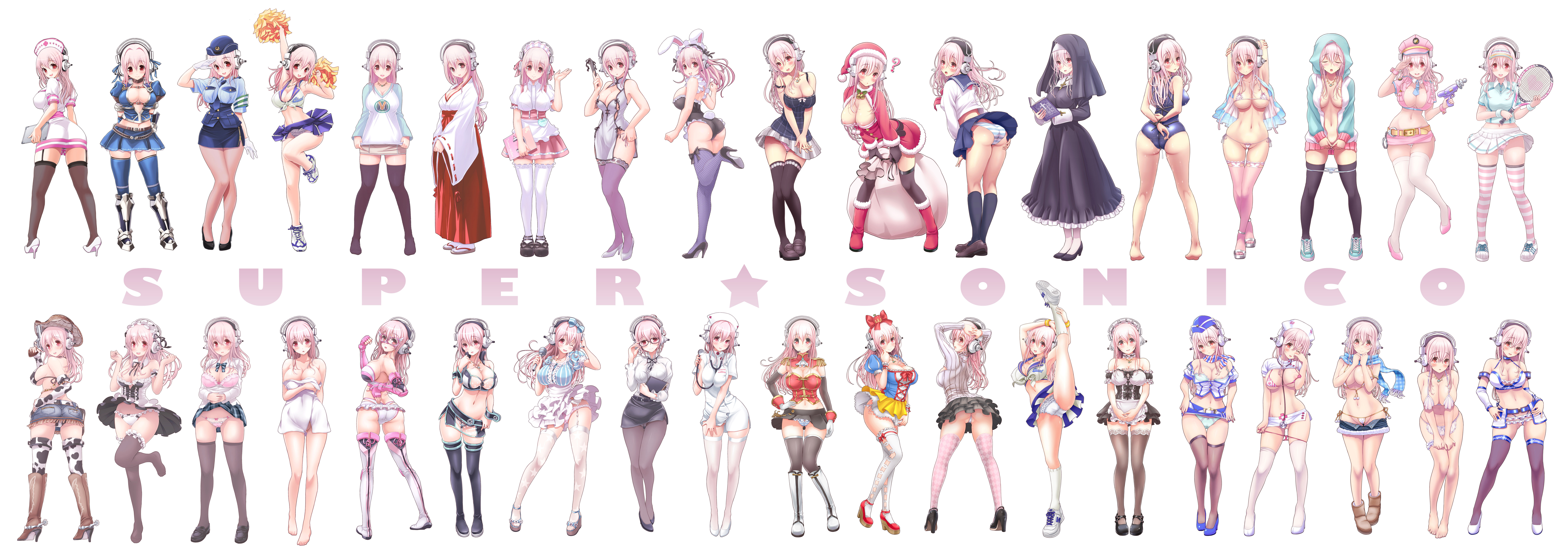 ;d, :d, :o, ?, absurdres, animal ears, animal print, areola slip, arms behind back, ass, bag, barefoot, belly button, belt, belt buckle, between breasts, bikini, black socks, black thighhighs, blue bra, blue panties, blue socks, book, boots, bound, bound wrists, bow, bowtie, bra, breasts, bunny ears, bunnysuit, cameltoe, cheerleader, china dress, chinese clothes, cleft of venus, clipboard, clothes lift, collarbone, convenient censoring, corset, covered erect nipples, cow print, cowboy hat, cross, cross necklace, cuffs, denim, denim skirt, dress, epaulettes, erect nipples, erect nipples under clothes, exposed, exposed ass, exposed nipples, exposed torso, fake animal ears, feet, female, female focus, female only, fishnet kneehighs, fishnets, flying sweatdrops, from behind, full body, fully clothed, garter straps, glasses, gloves, gun, hand on own hip, handcuffs, handgun, hands behind head, hat, headphones, high heels, highres, holding, holding gun, holding weapon, hood, hooded jacket, jacket, japanese clothes, jewelry, knee boots, kneehighs, large breasts, leotard, lifting skirt, long hair, looking at viewer, maid, micro bikini, microphone, microskirt, miko, miniskirt, multiple persona, multiple views, naked, naked towel, navel, necklace, necktie, necktie between breasts, nipple slip, nipples, nitroplus, nude, nun, nun outfit, nurse, nurse cap, nurse uniform, office clothing, office lady, official art, one eye closed, one-piece swimsuit, open book, open clothes, open mouth, open shirt, open skirt, panties, panties around leg, panties down, panties under pantyhose, panty pull, pantyhose, partially clothed, pencil skirt, pink bra, pink hair, pink panties, pink socks, pink thighhighs, playboy bunny, police, police uniform, policewoman, pom pom (cheerleading), purple socks, pussy, rabbit ears, rabbit girl, rabbit tail, racket, revealing clothes, revolver, ribbed sweater, santa costume, santa hat, scantily clad, scarf, school swimsuit, school uniform, schoolgirl, see-through clothes, serafuku, shoes, sideboob, simple background, skirt, skirt lift, smile, sneakers, socks, sportswear, standing, standing on one leg, standing split, stethoscope, striped, striped clothes, striped legwear, striped panties, super sonico, sweater, swimsuit, tail, teeth, tennis racket, tennis uniform, thighhighs, thong, thong bikini, tight clothes, tight clothing, towel, towel only, tsuji santa, uncensored, underwear, v-mag, variant, variant set, visor cap, waitress, weapon, wet, white background, white panties, white socks, white thighhighs