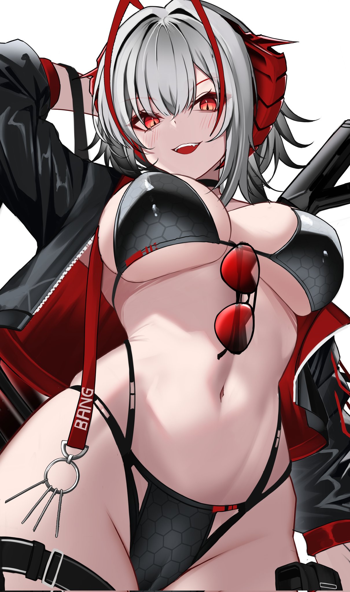 arknights, arm at side, arm behind head, bikini, breasts, cameltoe, curvy, female, large breasts, myb52, navel, open mouth, smile, stomach, thick thighs, voluptuous, w (arknights), wide hips