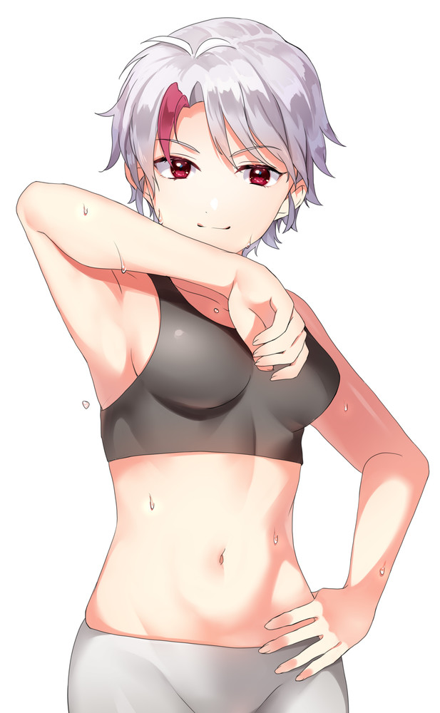 derori female higurashi_towa inuyasha red_eyes short_hair silver_hair smile sports_bra sweat tomboy very_short_hair yashahime:_princess_half-demon