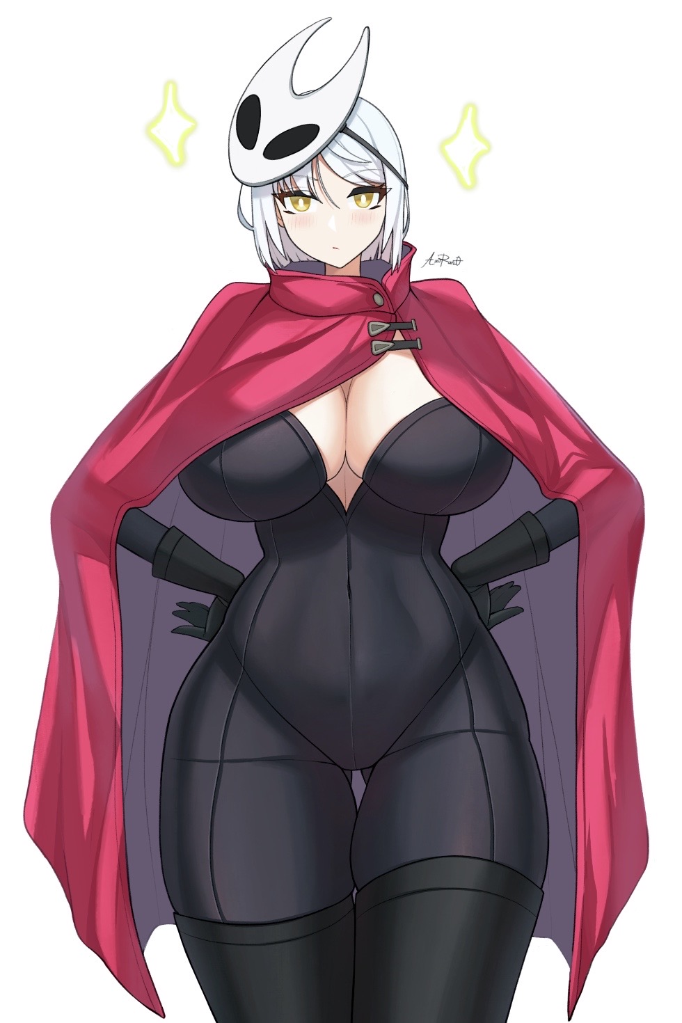 1girls, 2025, aori sora, azuran0, big breasts, breasts, cape, cleavage, female, hollow knight, hollow knight: silksong, hornet (hollow knight), huge breasts, humanized, looking at viewer, skin tight, solo, solo female, tagme, thick, thick thighs, white hair, wide hips, yellow eyes