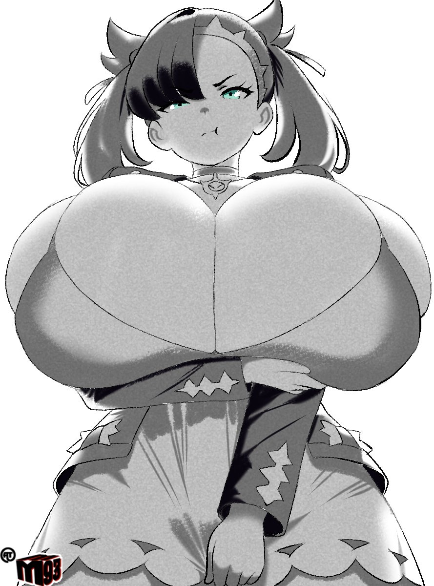 1girls, 2025, 2d, alternate breast size, angry, angry expression, angry face, artist logo, big breasts, black and white, black hair, blue eyes, breasts, breasts bigger than head, busty, busty female, cleavage, collar, curvy, cute expression, female, female only, game freak, huge breasts, looking at viewer, marnie (pokemon), massive breasts, mewmaster93, pokemon, short hair, simple background, solo, solo female, video game character, white background