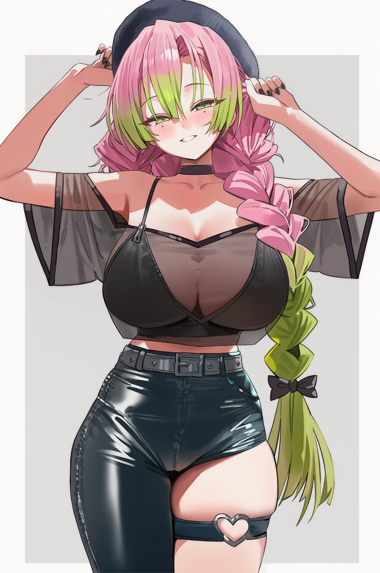 1girls, ai generated, aiart fring, alternate costume, bangs, bare shoulders, belt, big breasts, black headwear, blush, braid, breasts, cleavage, cowboy shot, demon slayer, female, fring853, gradient hair, green eyes, green hair, grin, hair between eyes, kanroji mitsuri, kimetsu no yaiba, long hair, looking at viewer, mole, mole under eye, multicolored hair, nail polish, pink hair, see-through, shirt, skindentation, smile, solo, thighs