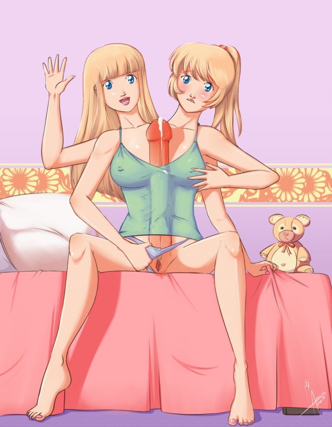 2_heads 2girls access accessworld barefoot blonde blonde_futa blonde_futanari blonde_hair blonde_hair_futa blue_eyes blush breasts conjoined cum earrings erection feet futanari greeting intersex large_penis looking_at_viewer masturbation multi_arm multi_head multi_limb multiple_girls nipples panties_aside penis ponytail pussy tied_hair toenail_polish toenails toes undershirt what