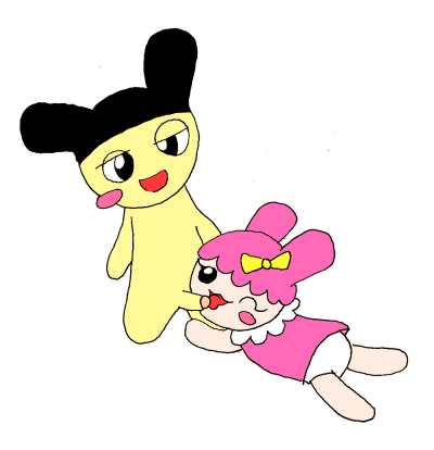 1boy 1boy1girl 1girls accessory artist_request black_headwear brother_and_sister chamametchi clothed clothed_female featureless_chest female incest licking_penis male mametchi nude_male on_model oral pink_clothing pink_headwear straight tagme tamagotchi white_background