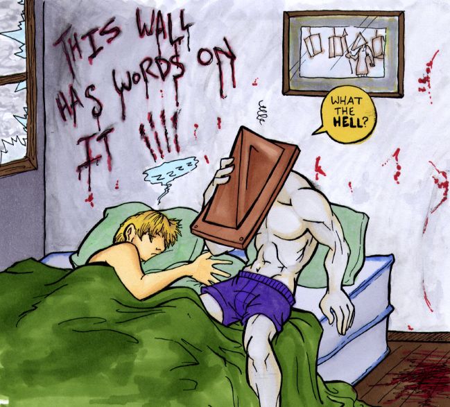 after_sex ambiguous_consent bed blood closed_eyes coelasquid confused gay james_sunderland male male_only morning_after pyramid_head silent_hill silent_hill_2 sleeping topless underwear_only yaoi