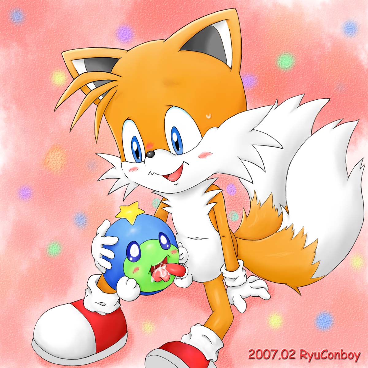 2007 anthro canine character_request crossover exposed_torso feral footwear fox fur furry_tail handwear huepow humanoid interspecies klonoa_(series) male male_only mammal multi_tail nude penis ryuconboy sega size_difference sonic_(series) tagme tail tails young